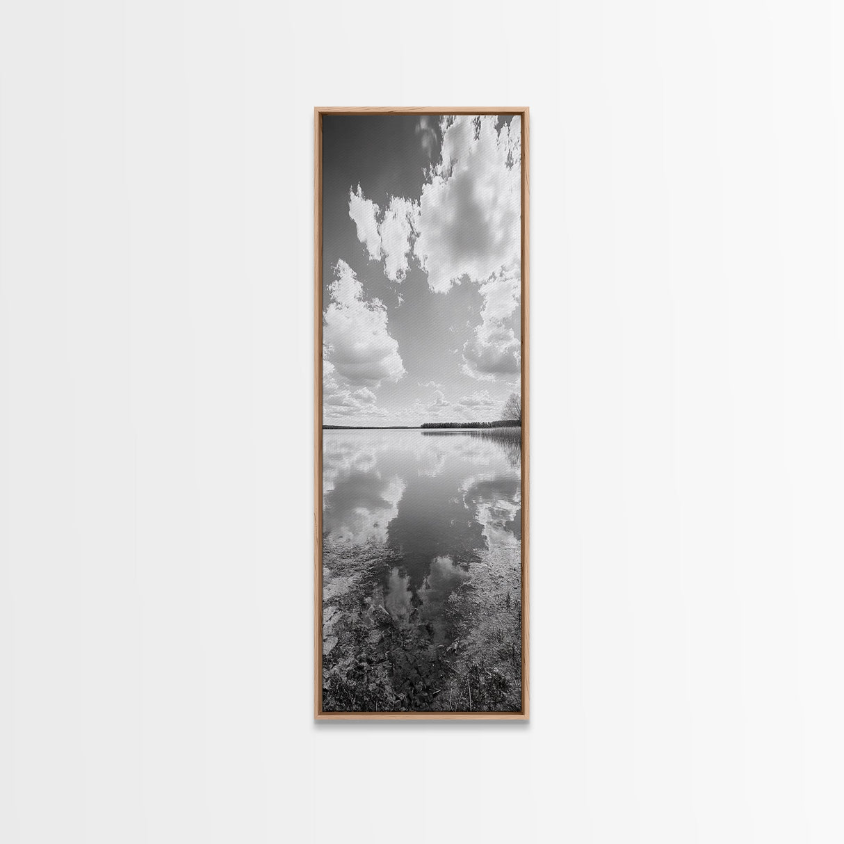Lake Reflection, Calm Waters, Cloudy Sky, Minimalist Landscape, Framed Canvas Print, Neutral Living Room Art, Tranquil Nature Scene