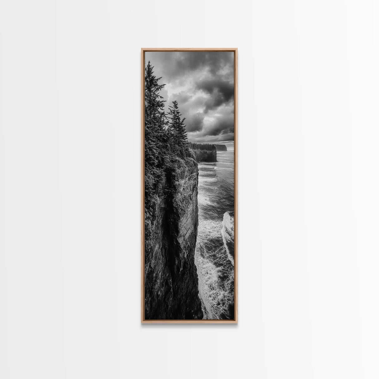 Cliff Coastline, Moody Ocean, Pine Trees, Dramatic Nature Scene, Canvas Print, Cabin Wall Art, Fall Coastal Photography, Rustic Decor