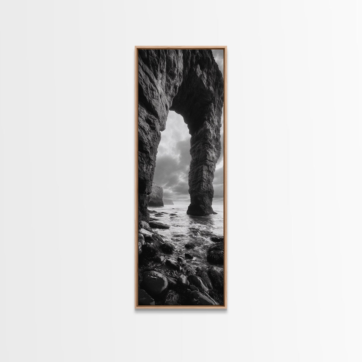 Sea Arch, Coastal Rocks, Ocean Waves, Dramatic Sky, Framed Canvas Print, Coastal Wall Art, Minimalist Beach House Decor, Bedroom Artwork