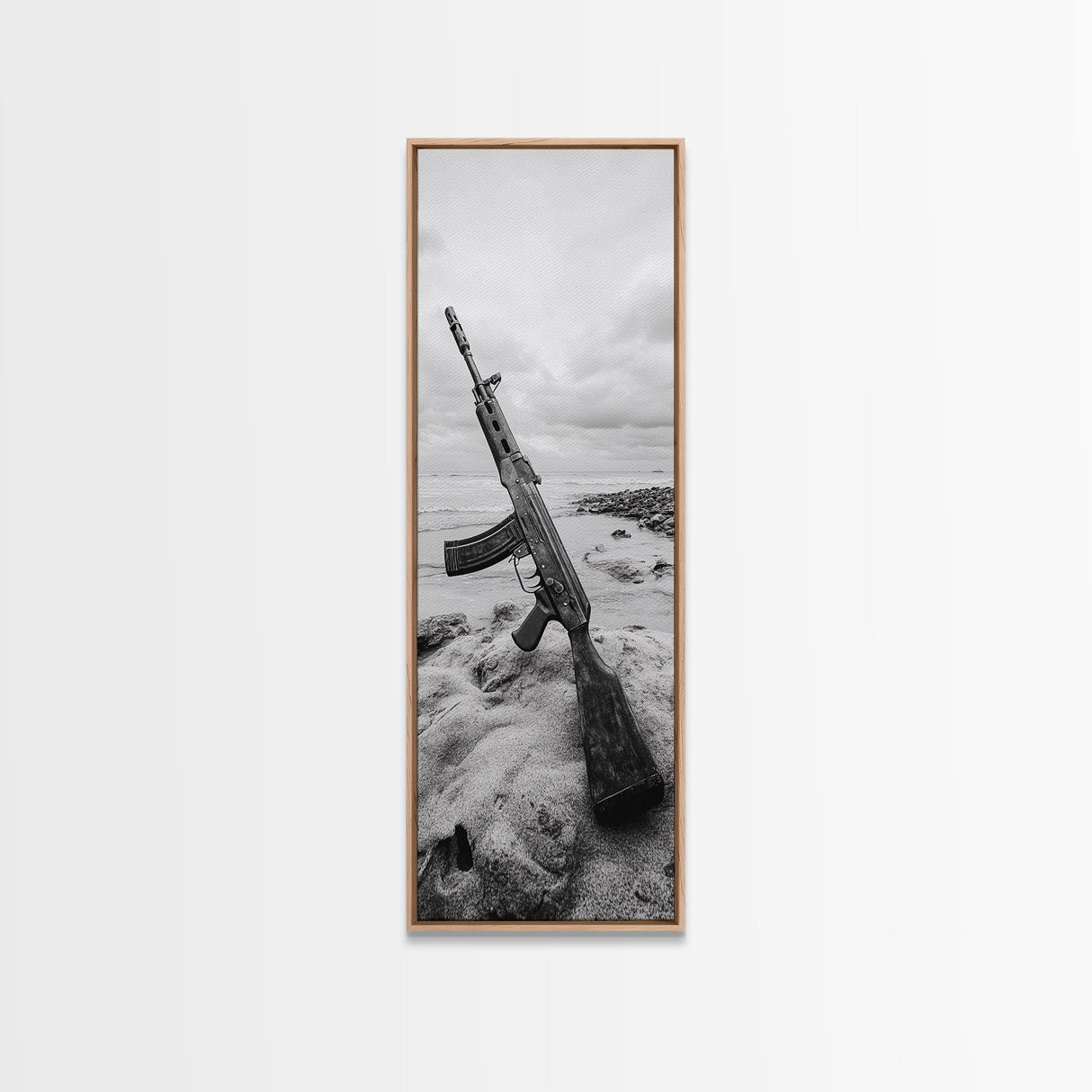 War Relic, AK Rifle, Surreal Beach Scene, Framed Canvas Print, Bold Statement Art, Bachelor Pad or Office Decor, Rustic Industrial Style