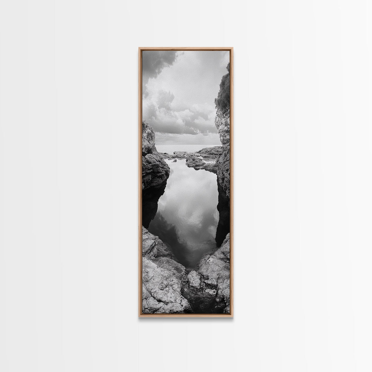 Tide Pool, Coastal Reflection, Tranquil Cove, Cloudy Sky, Framed Canvas Print Zen Bathroom Art, Minimalist Nature Wall Decor, Neutral Modern Style