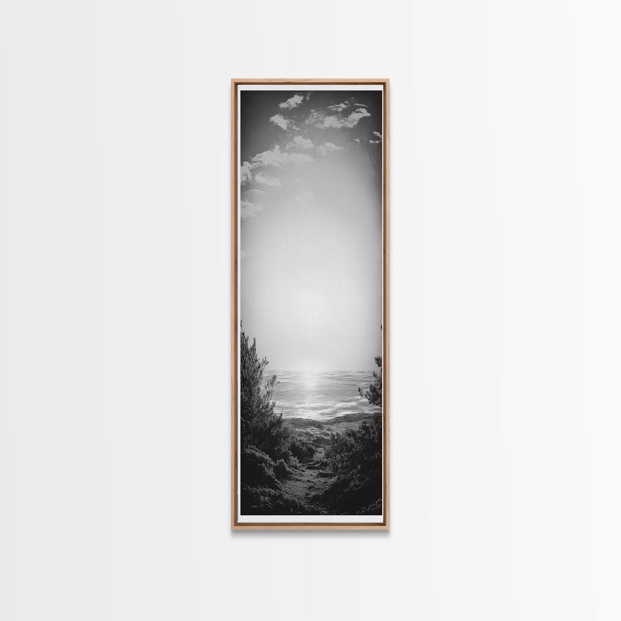 Horizon Glow, Ocean Sunset, Seaside Path, Tranquil Evening Framed Canvas Print, Nature Inspired Bedroom Wall Art, Zen Minimalist Decor