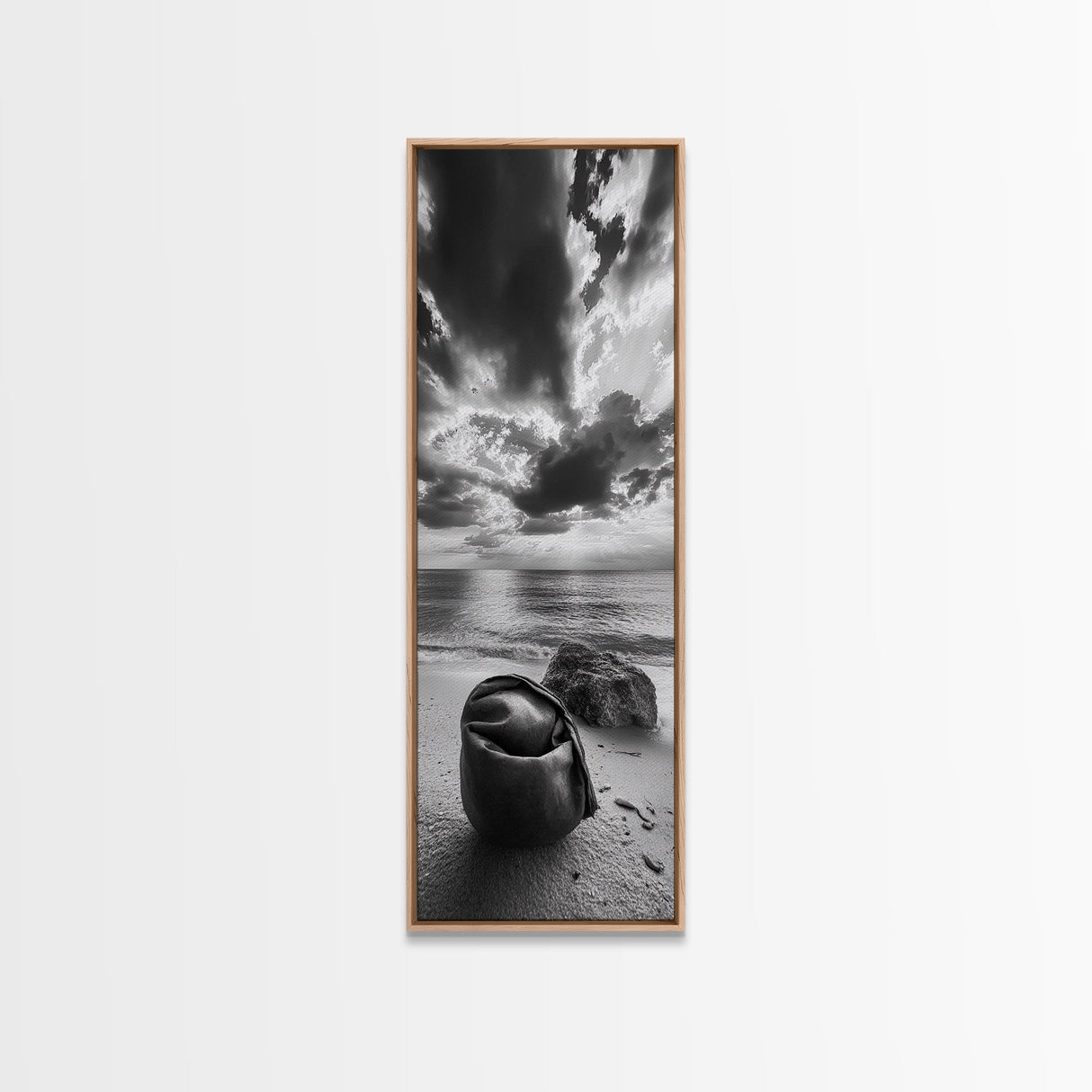 Coastal Bag, Driftwood Rock, Stormy Sea, Framed Canvas Print, Moody Beach Wall Art, Minimalist Decor, Ocean Vibe Photography