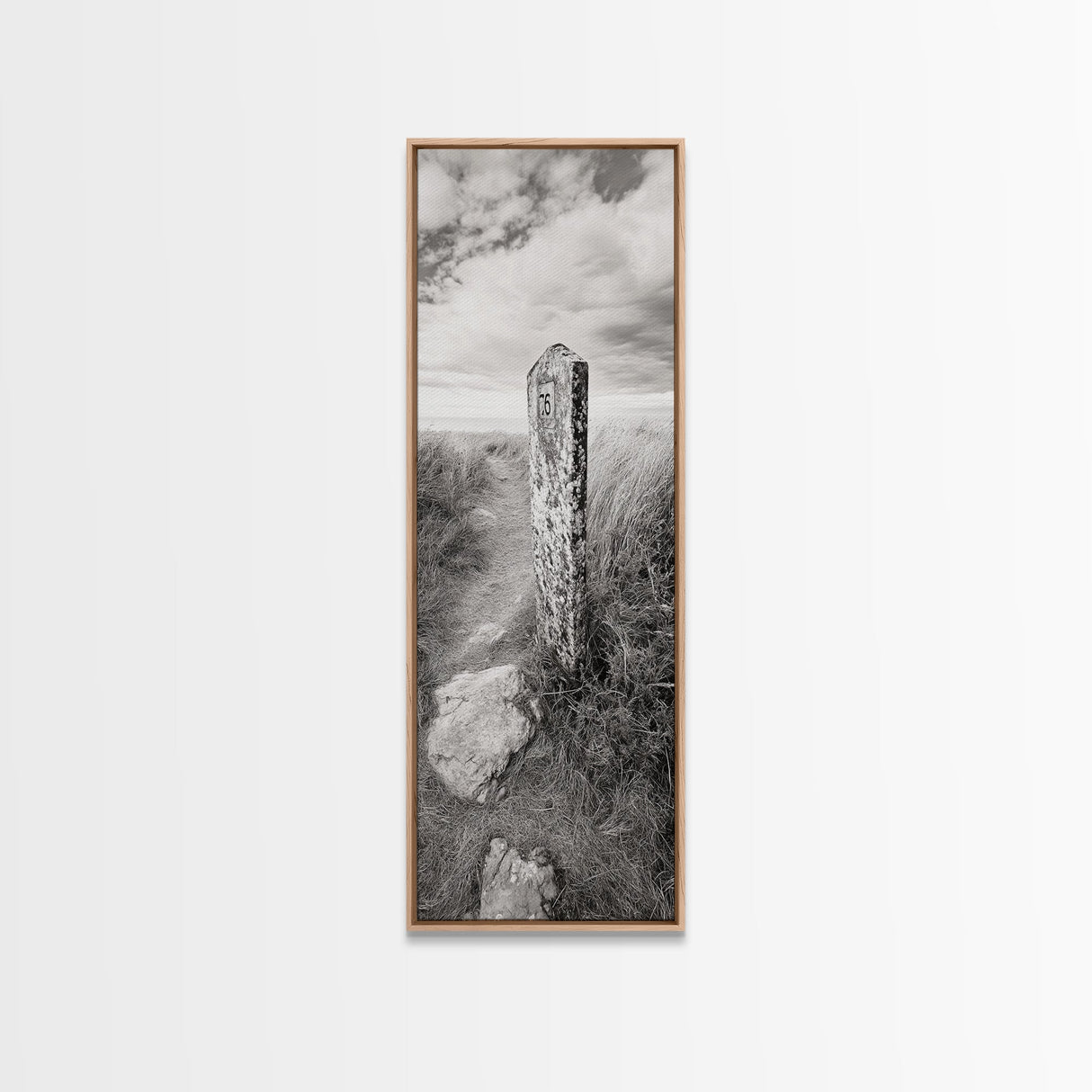 Rural Path, Weathered Stone, Grassy Trail, Framed Canvas Print, Rustic Nature Wall Art, Minimalist Entryway Decor, Autumn Landscape Art