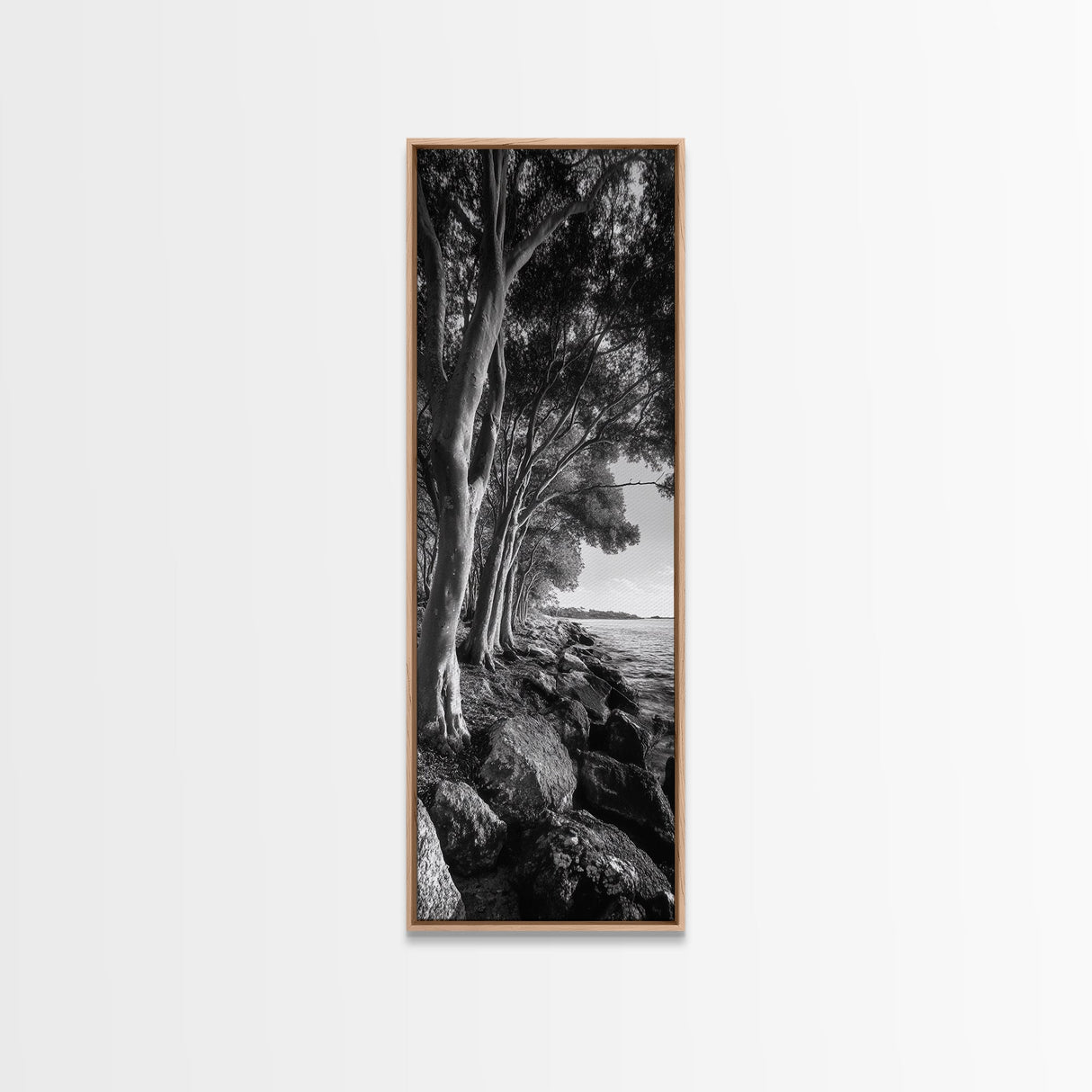 Riverside Trees, Rocky Shore, Natural Light, Canvas Print, Tranquil Forest Photography, Boho Nature Decor, Living Room Wall Art