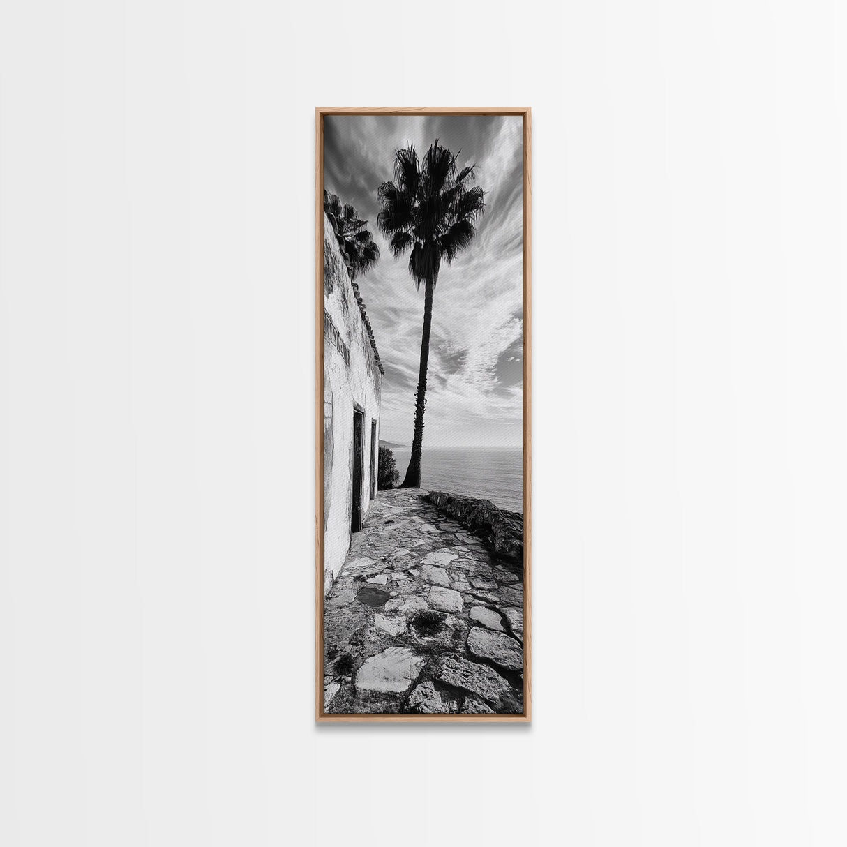 Coastal Palm Tree, Rustic Seaside Wall Art, Mediterranean Courtyard Print, Tropical Summer Decor, Framed Canvas Print, Kitchen Art
