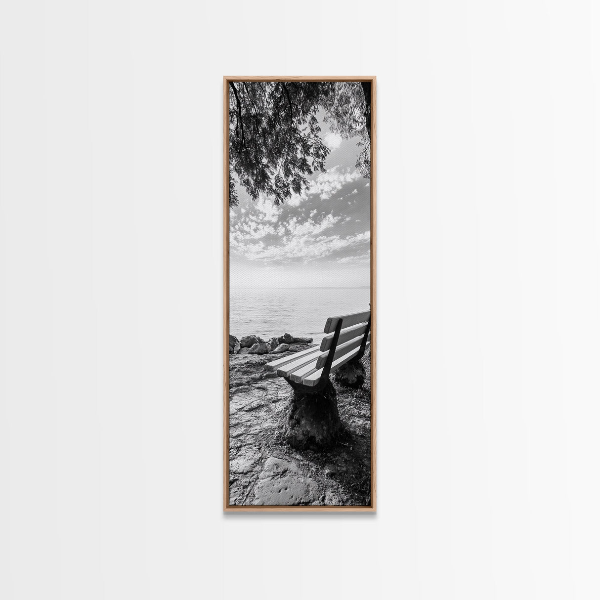 Lakeside Bench View, Peaceful Nature Scene, Tranquil Reflection Print, Minimalist Wall Decor, Zen Office Art, Framed Canvas Print