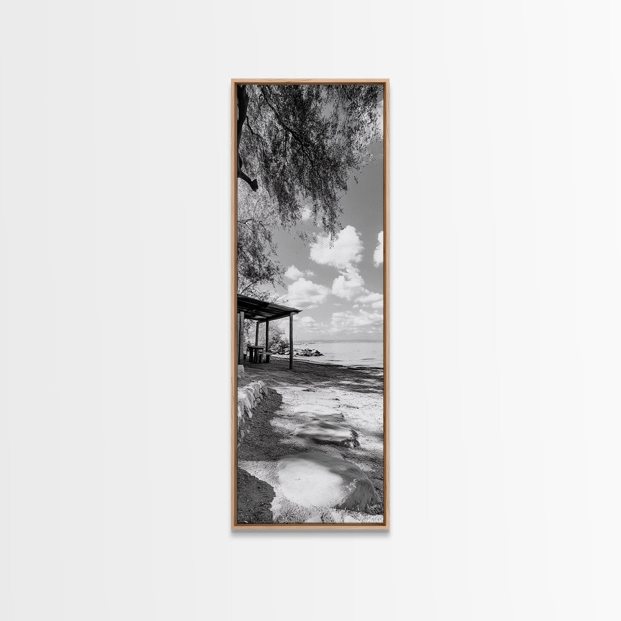 Coastal Bench, Ocean Peace, Nature Retreat, Minimal Landscape, Canvas Print, Zen Wall Art, Bedroom or Entryway Decor, Calm Beach Scene