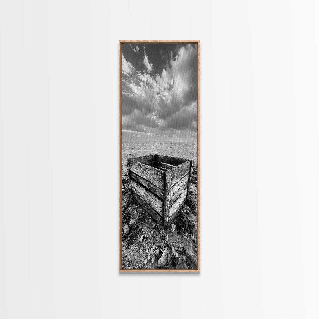 Rustic Crate, Ocean View, Weathered Wood, Coastal Still Life, Framed Canvas Print, Boho Bathroom Art, Nautical Living Room Decor