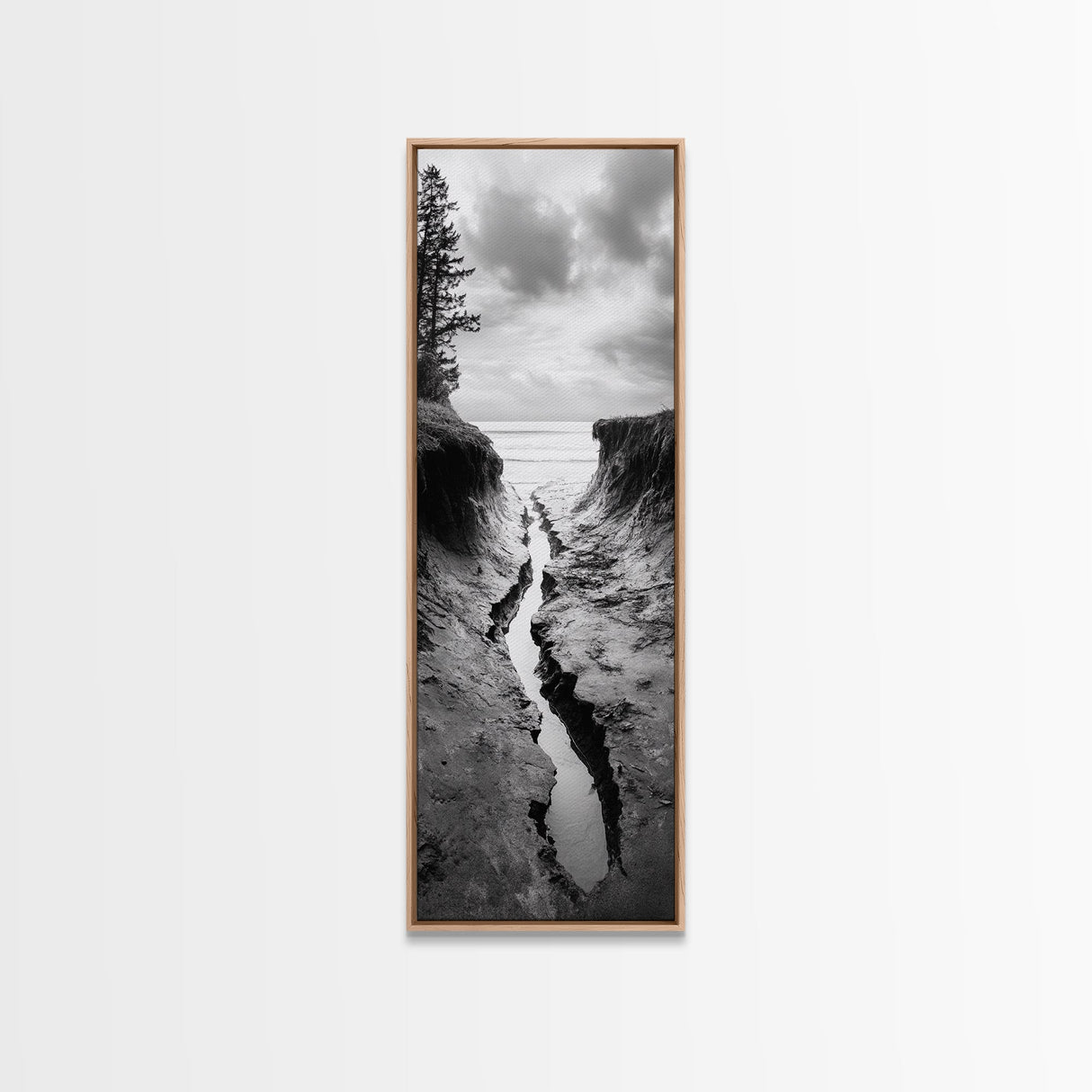 Coastal Crevice, Ocean Stream, Moody Nature, Rugged Beauty, Framed Canvas Print, Minimalist Beach Wall Art, Bedroom Art, Entryway Decor