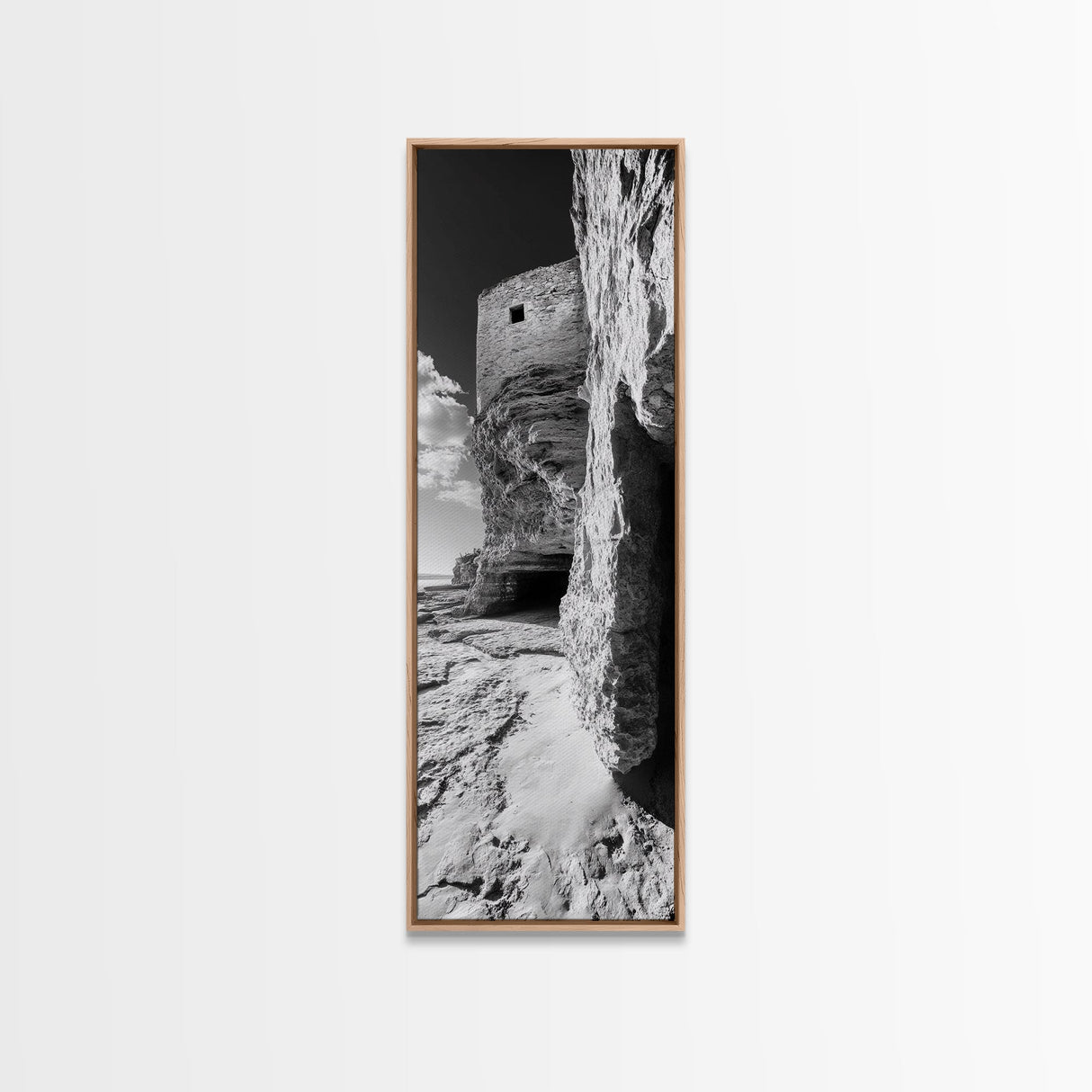 Stone Fortress, Ancient Cliffs, Coastal Ruins, Framed Canvas Print, Rustic Wall Decor, Neutral Tones Living Room Wall Art, Nature Decor