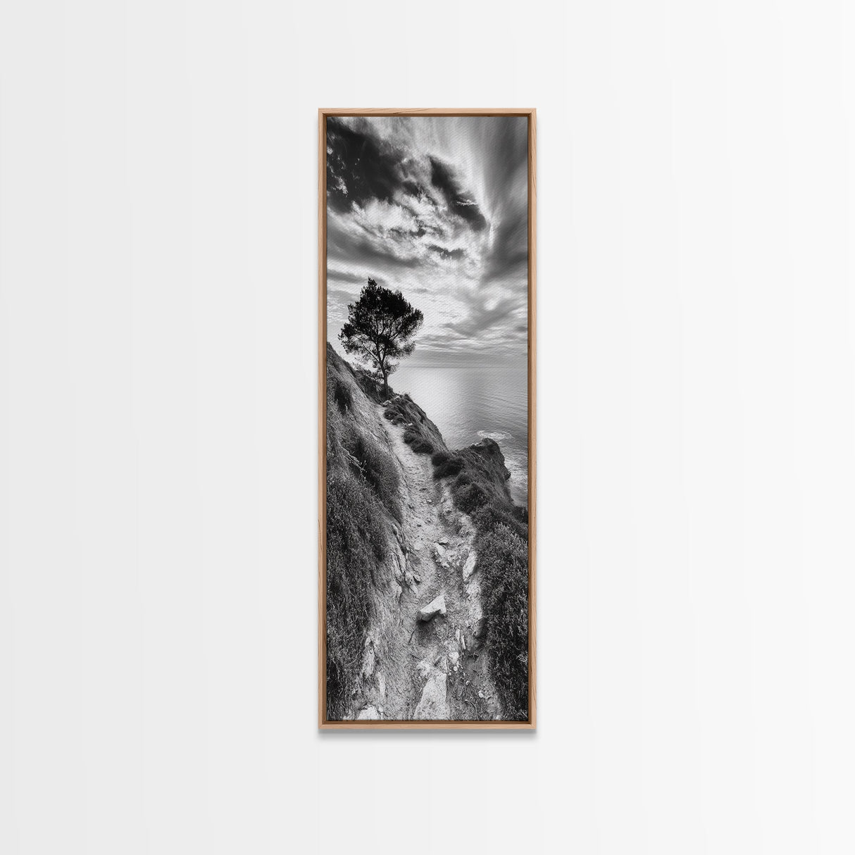 Cliffside Tree, Coastal Path, Nature Landscape, Canvas Print, Monochrome Hiking Trail Art, Boho Entryway or Office Wall Decor