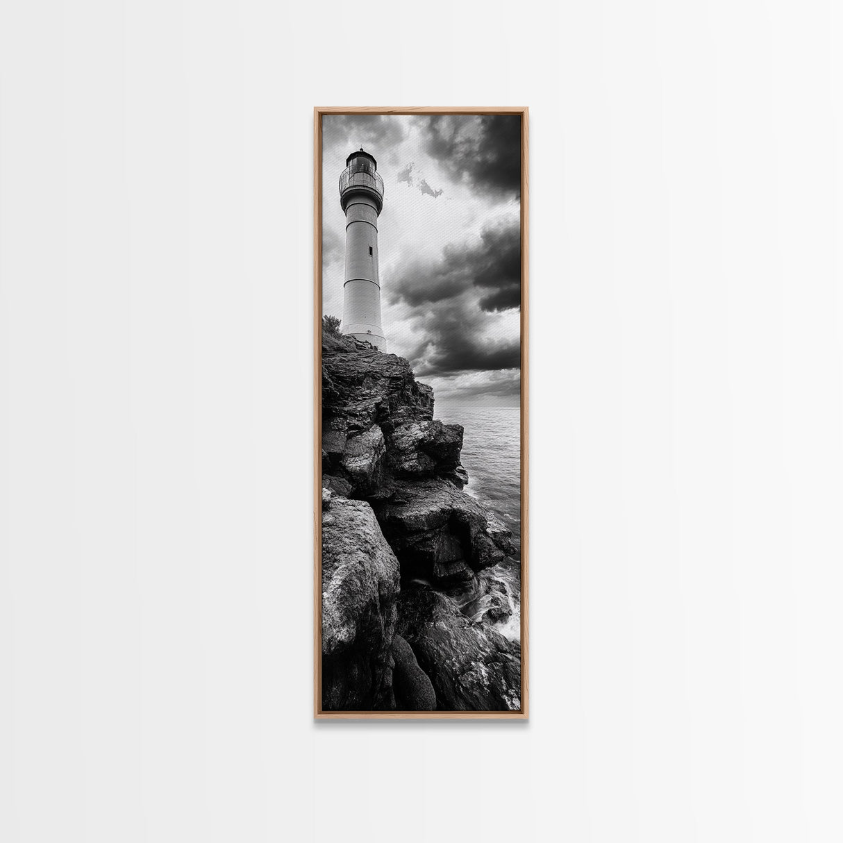 Lighthouse Coast, Stormy Sky, Black White Ocean, Framed Canvas Print, Nautical Wall Art, Rustic Beach House Living Room Decor