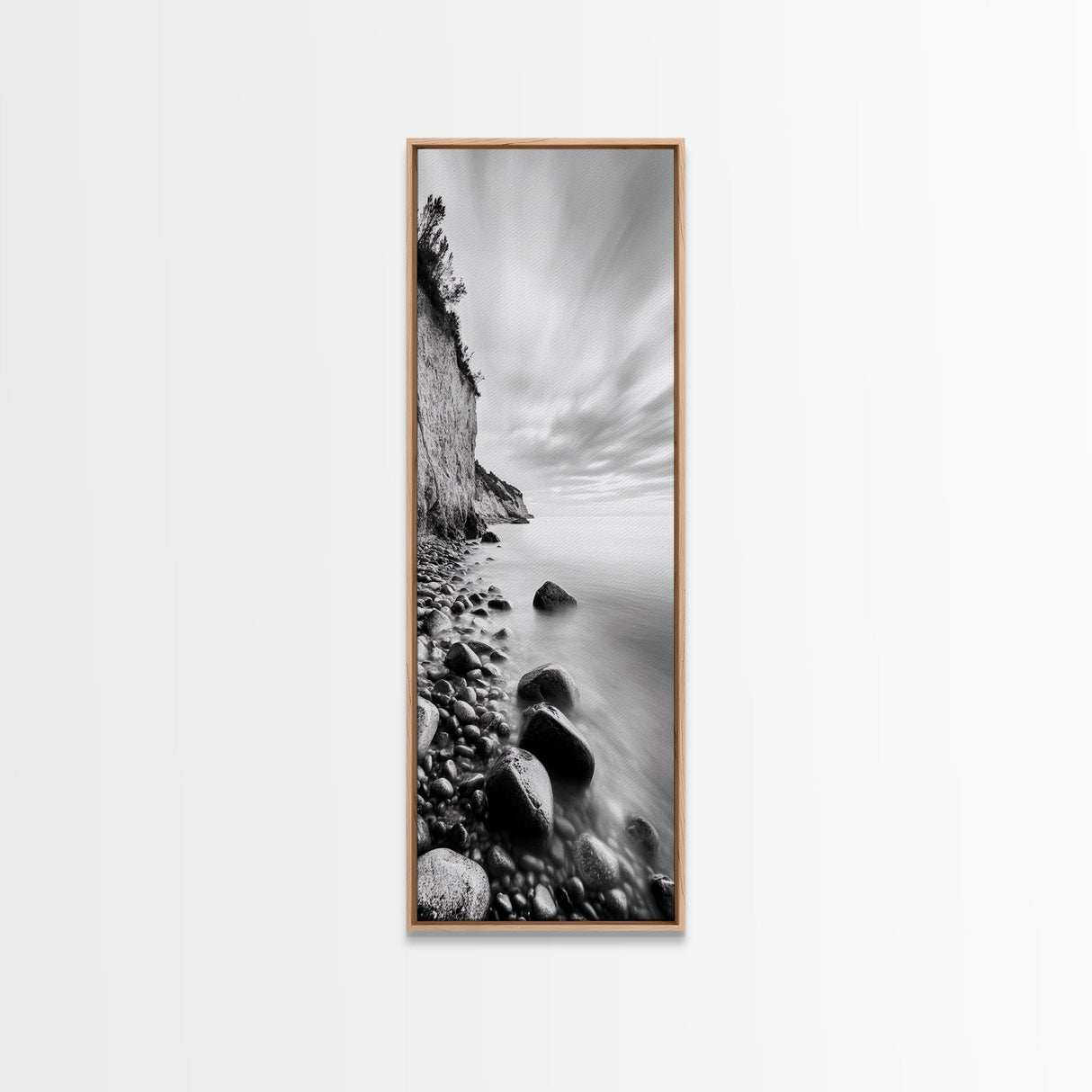 Rocky Shoreline, Coastal Calm, Seaside Mist, Canvas Print, Black White Minimalist Wall Art, Serene Bedroom or Bathroom Decor