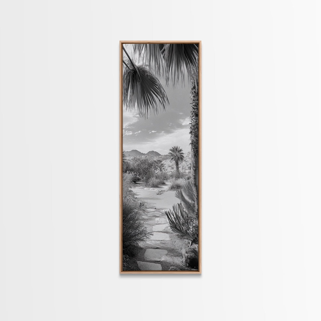Desert Path, Palm Trees, Serene Escape, Tranquil Garden, Monochrome Landscape, Framed Canvas Print, Entryway Wall Art, Nature Minimal