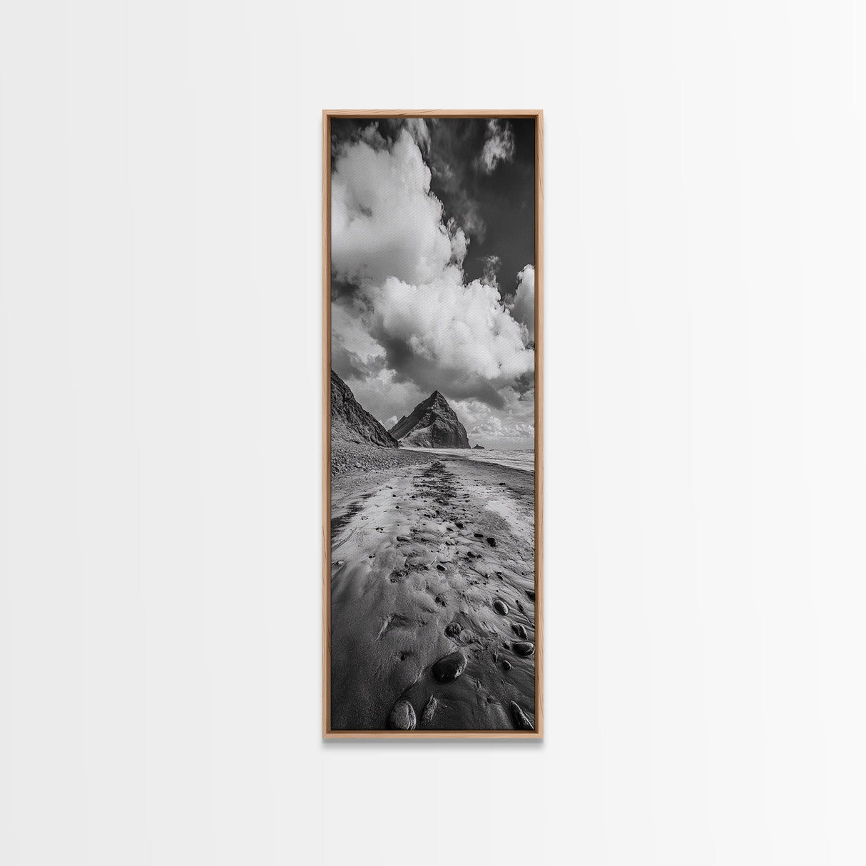 Mountain Beach Path, Cloudy Sky Landscape, Black and White Nature Scene, Framed Canvas Print, Entryway Fall Coastal Wall Decor