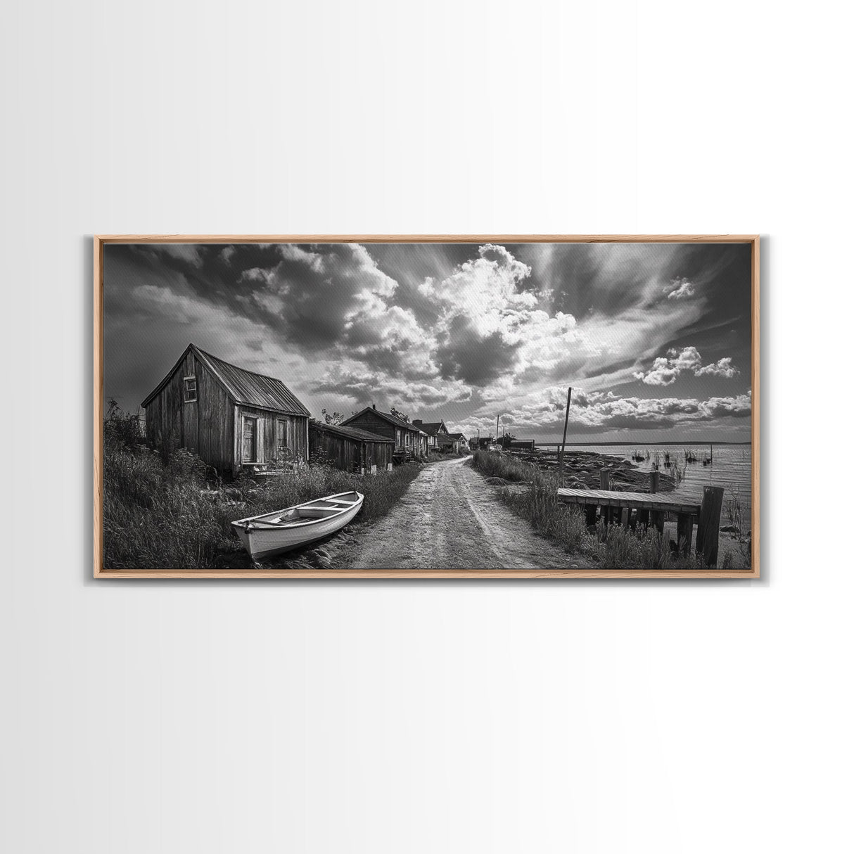 Seaside Village, Driftwood Cabins, Coastal Road, Vintage Fishing Town, Framed Canvas Print, Rustic Kitchen Wall Art, Moody Monochrome