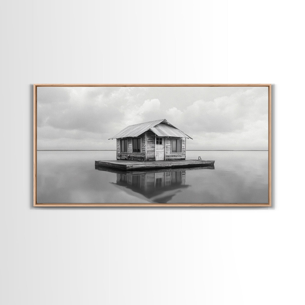 Floating Cabin, Lake House, Calm Waters, Dreamy Isolation Art, Canvas Print, Minimalist Living Room Wall Art, Coastal Style