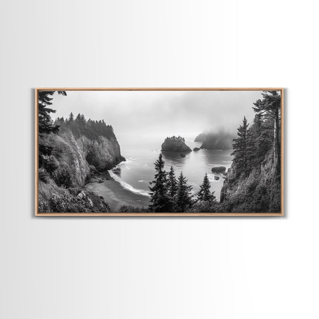 Misty Coastal Cliffs, Ocean Horizon, Monochrome Art, Nature Landscape, Canvas Print, Rustic Living Room Decor, Moody Wall Art, Black and White