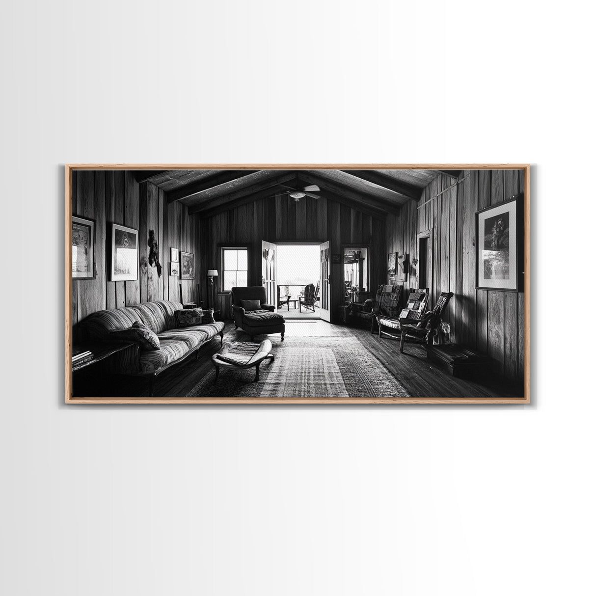 Cozy Cabin Interior, Rustic Living Space, Wood Wall Charm, Canvas Print, Country Living Room Art, Americana Wall Photography