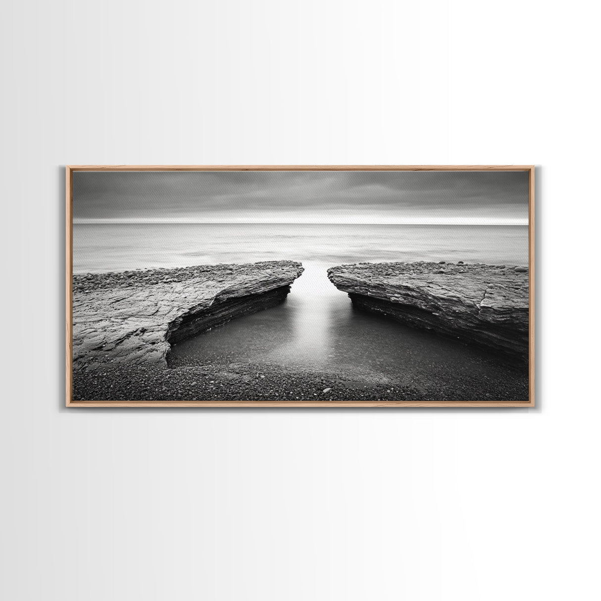 Ocean Rock Split, Calm Seascape Horizon, Monochrome Photography, Canvas Print, Bathroom Wall Art, Zen Coastal Aesthetic, Office Wall Art