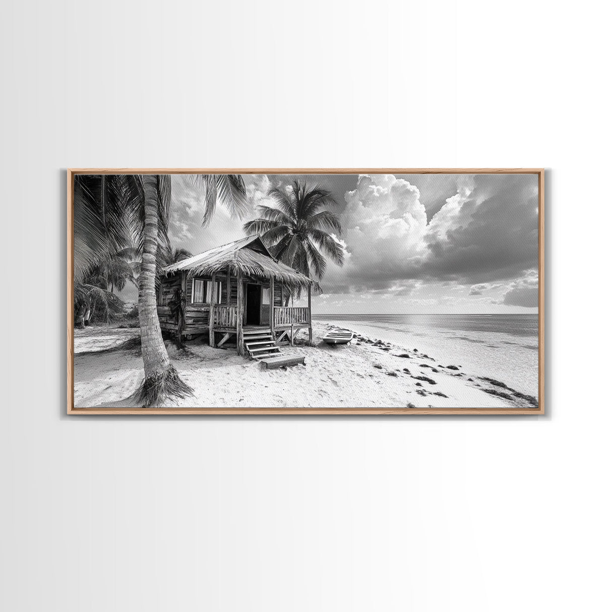 Tropical Hut, Palm Tree Scene, Island Escape Photo, Framed Canvas Print, Beach House Wall Art, Rustic Boho Coastal Decor, Nature Scene
