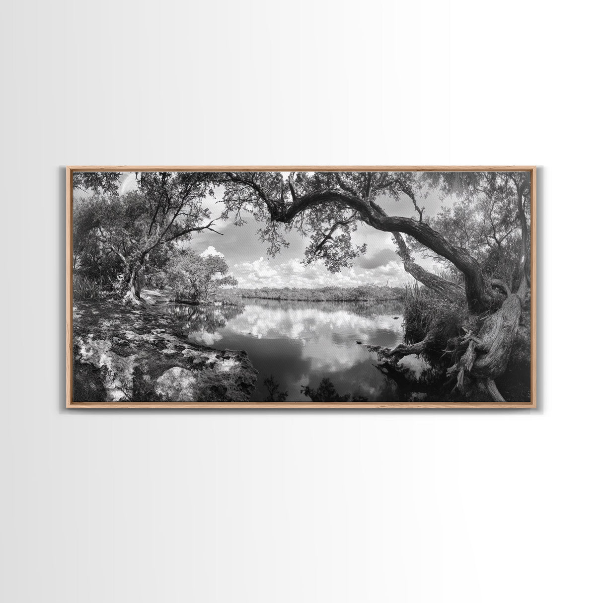 Tree Arch Reflection, Tranquil River View, Nature Canopy Water, Framed Canvas Print, Bedroom Wall Art, Zen Landscape Art, Cabin Decor