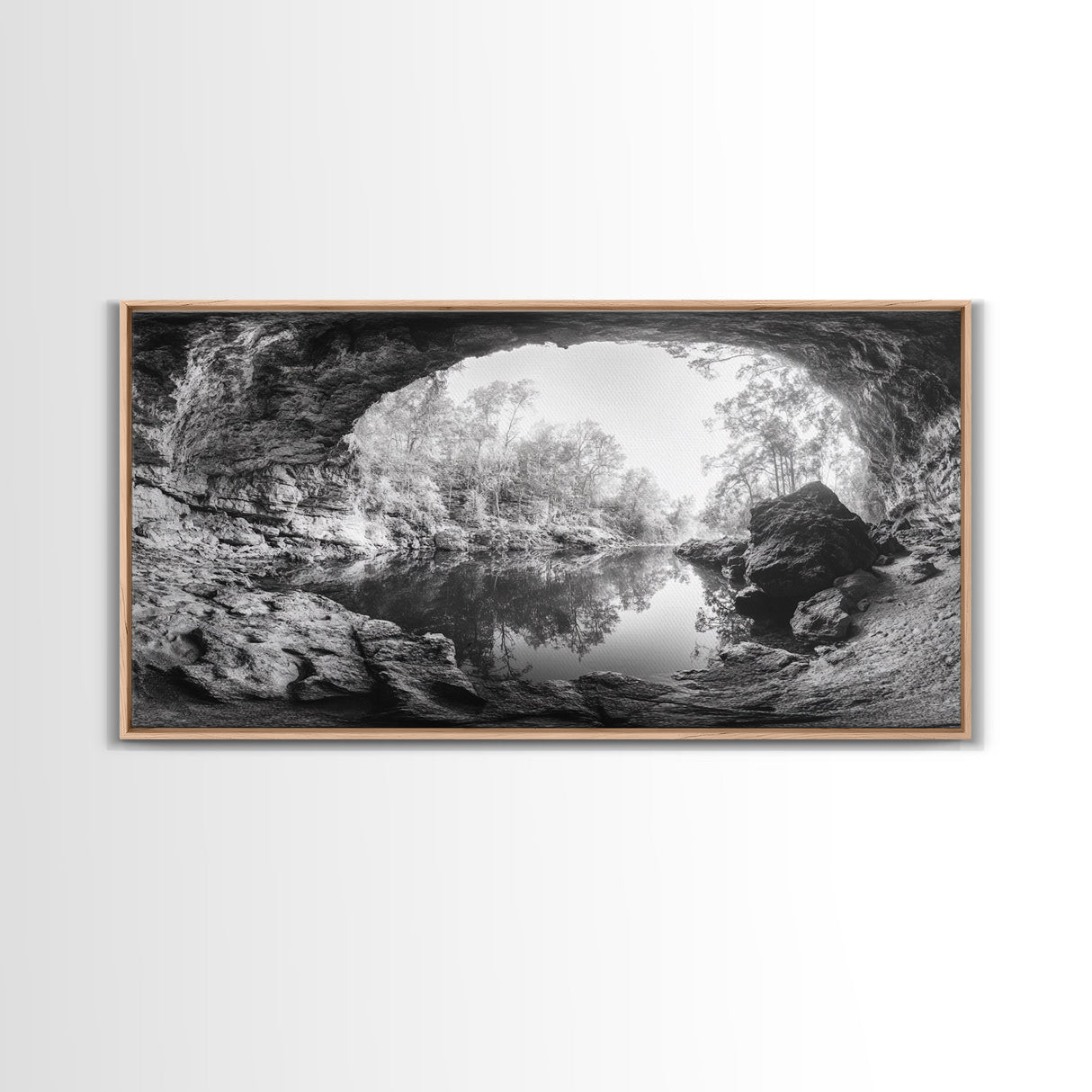 Cave Entrance Lake, Hidden Forest View, Rock Reflection Water, Canvas Print, Hallway Wall Art, Adventure Wilderness Decor, Minimalist Style