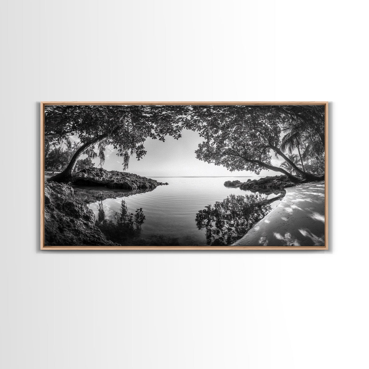 Tropical Shore Trees, Ocean Lagoon Stillness, Peaceful Island Cove, Canvas Print, Bathroom Wall Art, Minimalist Coastal Vibe, Cabin Decor