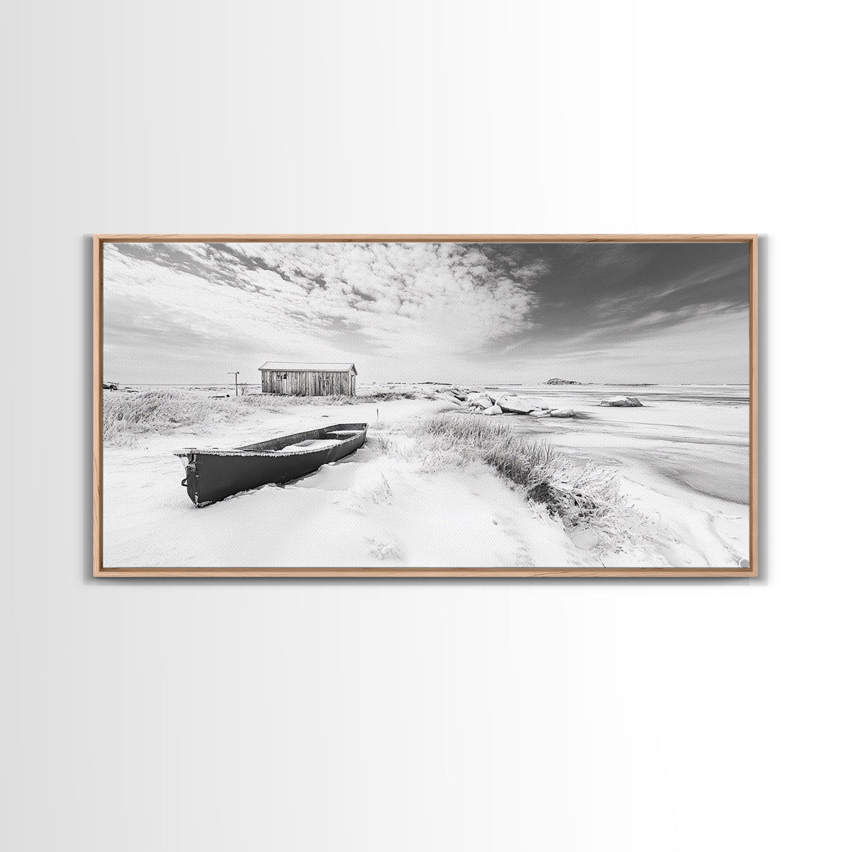 Snowy Coastal Boat, Rustic Winter Landscape, Farmhouse Wall Art, Neutral Tones, Canvas Print, Entryway or Fall Seasonal Decor