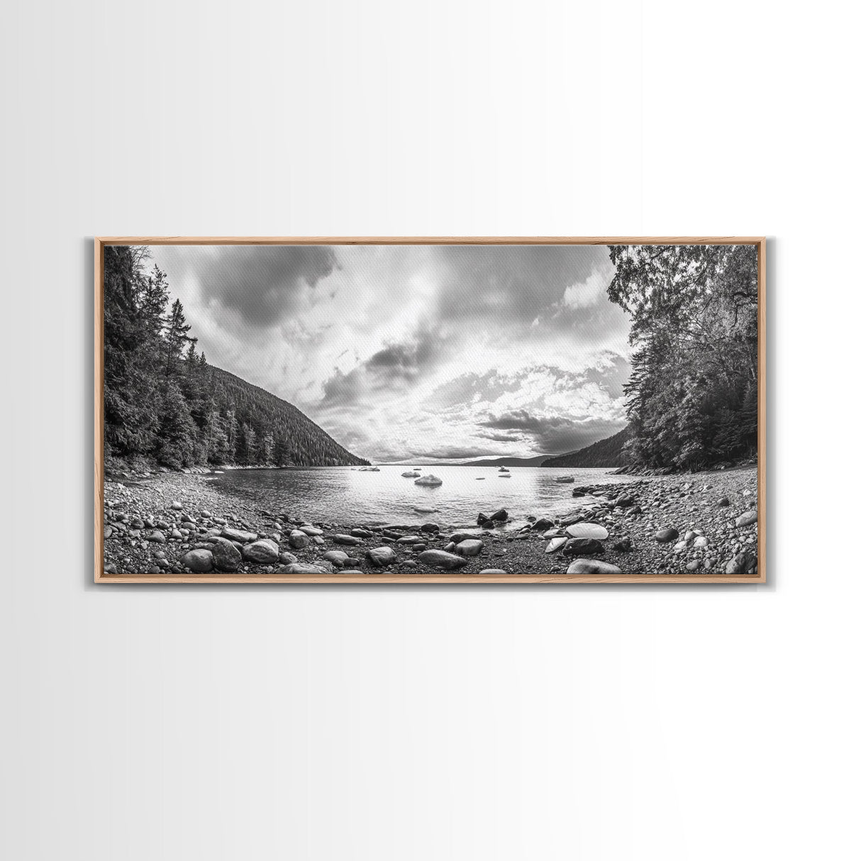 Forest Lake Serenity, Monochrome Nature, Tranquil Landscape, Canvas Print, Lodge Wall Art, Minimalist Cabin Decor, Black White