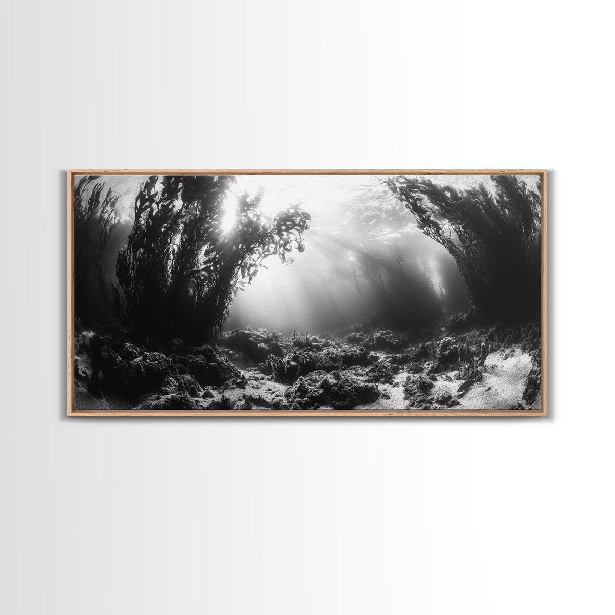 Kelp Forest Rays, Underwater Light, Black and White Ocean Scene, Framed Canvas Print, Nature Wall Art, Coastal Bathroom Decor