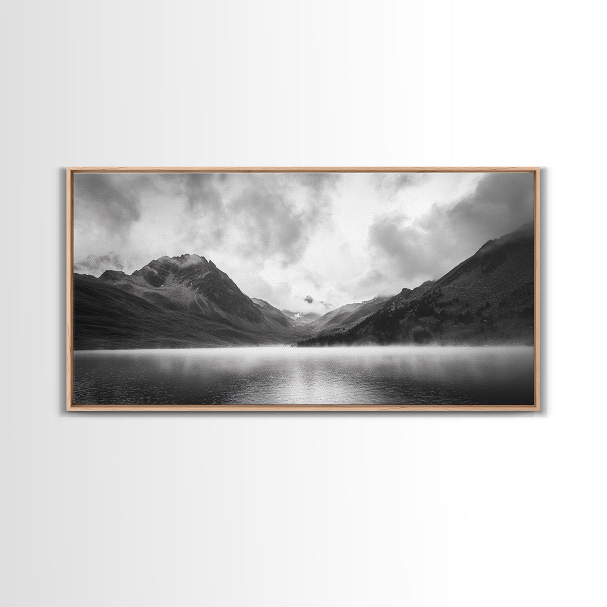 Mountain Lake, Misty Valley, Nature Serenity, Moody Landscape, Framed Canvas Print, Living Room Wall Art, Rustic Cabin Aesthetic