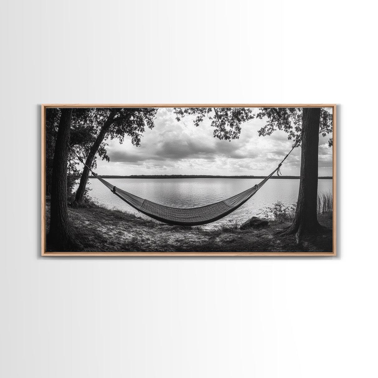Hammock Lake, Restful Retreat, Trees Framing, Relax Mood, Framed Canvas Print, Bedroom Wall Art, Slow Living Style, Boho Natural Art