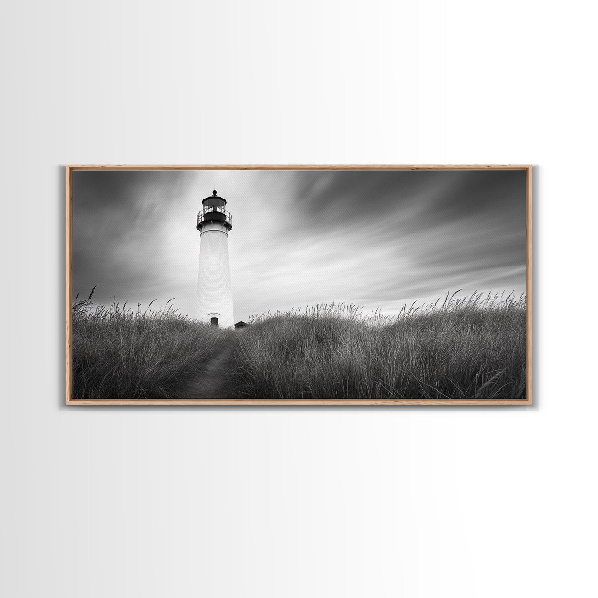 Lighthouse Grass, Seaside Tower, Stormy Sky, Black White, Framed Canvas Print, Beach Bathroom Art, Minimalist Decor, Nautical Print