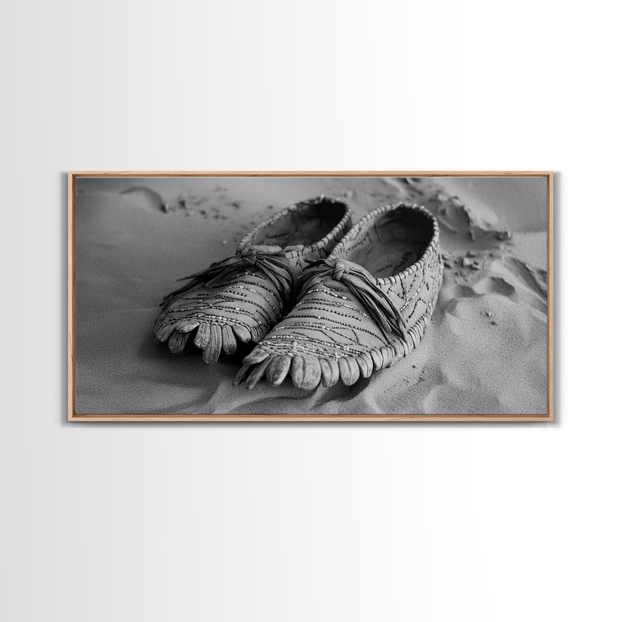 Moccasins in Sand, Rustic Footwear Art, Cultural Detail Photo, Framed Canvas Print, Boho Entryway Wall Decor, Western Minimalist