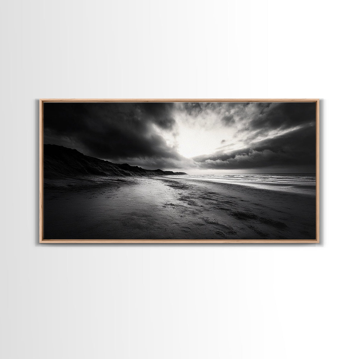 Stormy Coast, Dramatic Sky, Ocean Dusk, Monochrome Landscape, Framed Canvas Print, Bedroom Wall Art, Minimalist Coastal Decor
