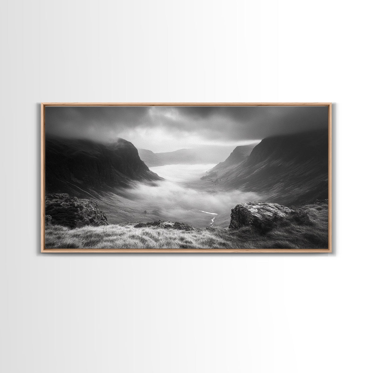 Foggy Valley, Highland Mist, Mountain View, Serene Landscape, Framed Canvas Print, Office Wall Art, Nature Escape, Zen Mountains