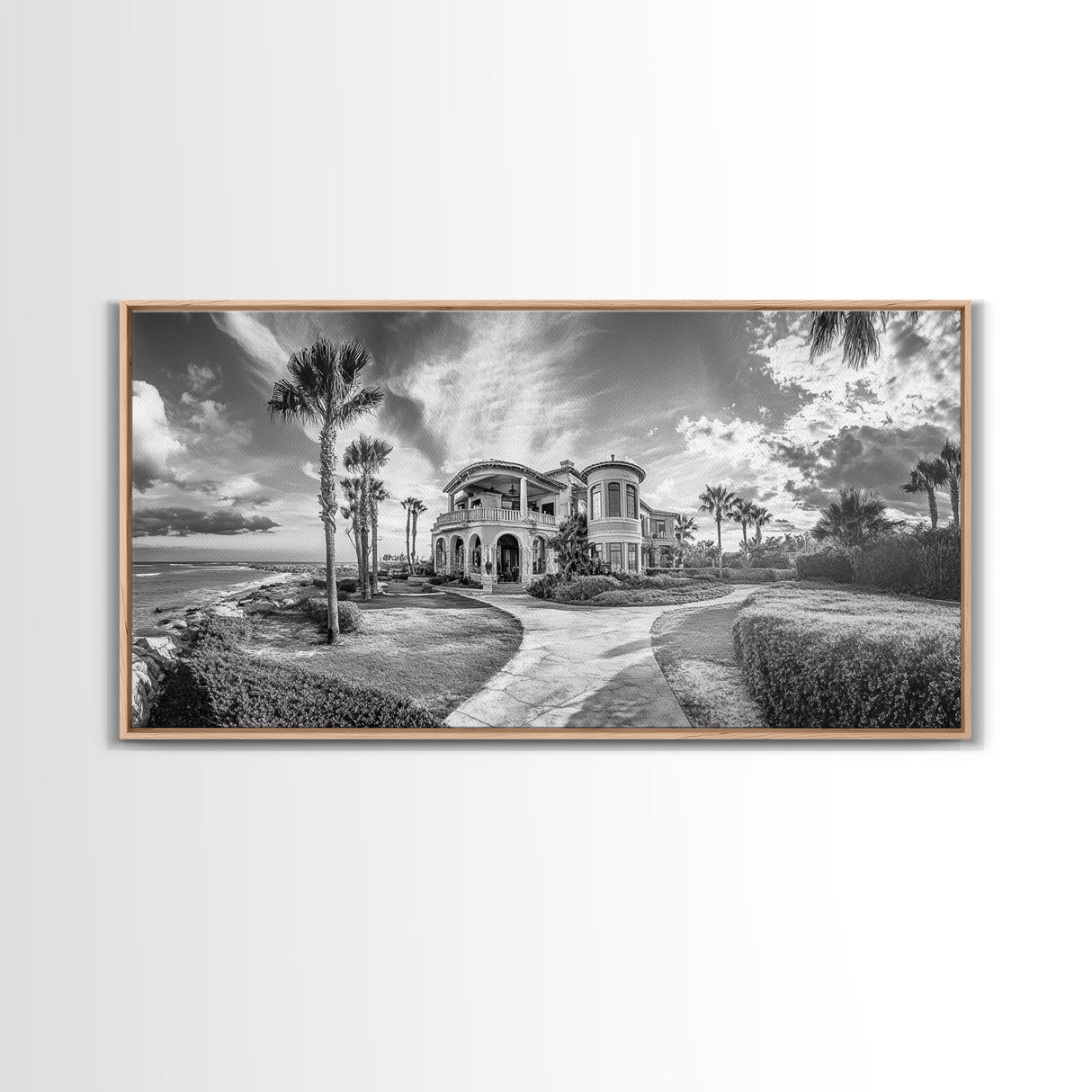 Beach Mansion Wall Art, Tropical Coastal House, Luxury Villa Print, Palm Tree Canvas Print, Living Room Decor, Modern Home Wall Art