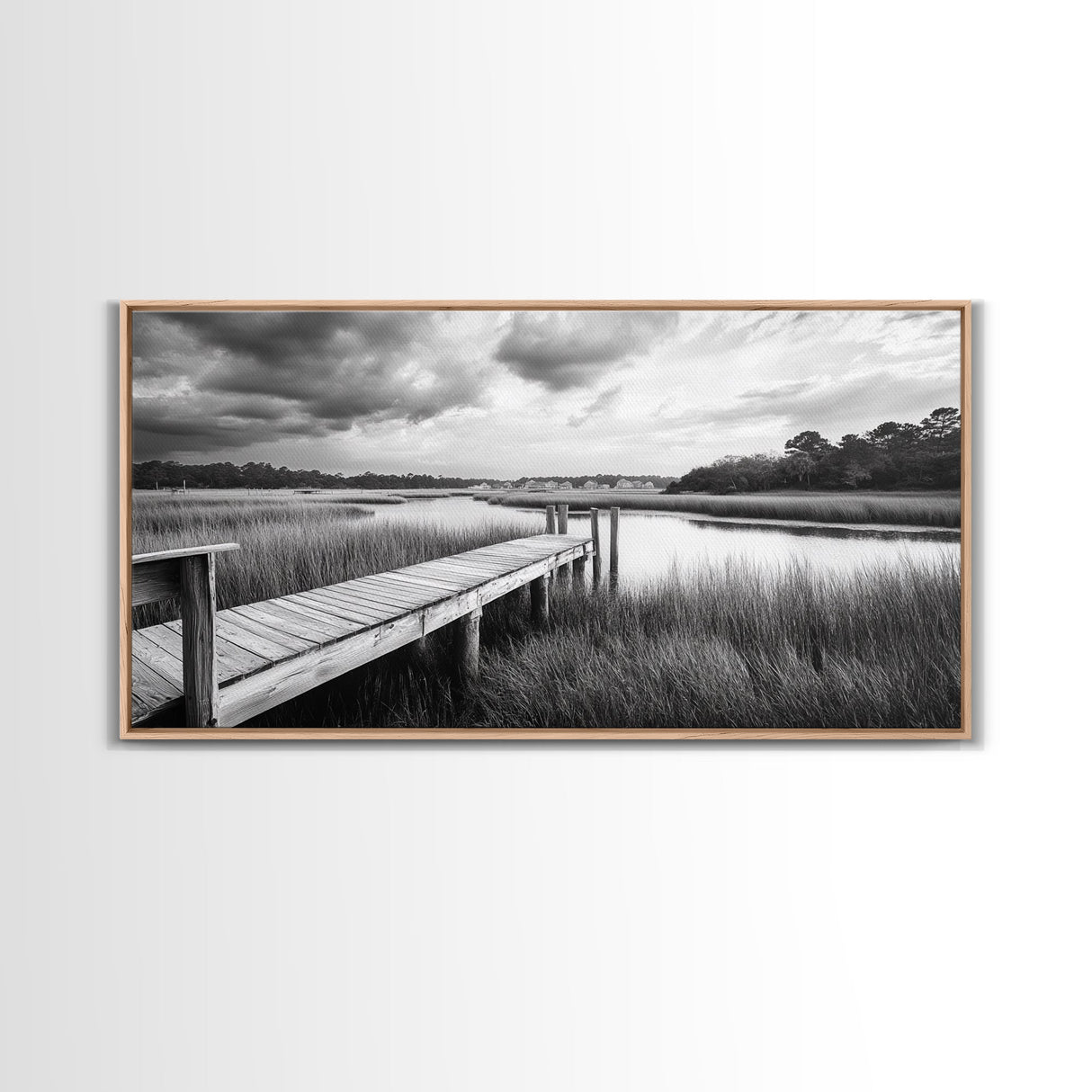 Marsh Dock Scene, Tranquil Water Landscape, Rustic Pier Canvas Print, Black and White Nature, Entryway Art, Coastal Country Home Decor