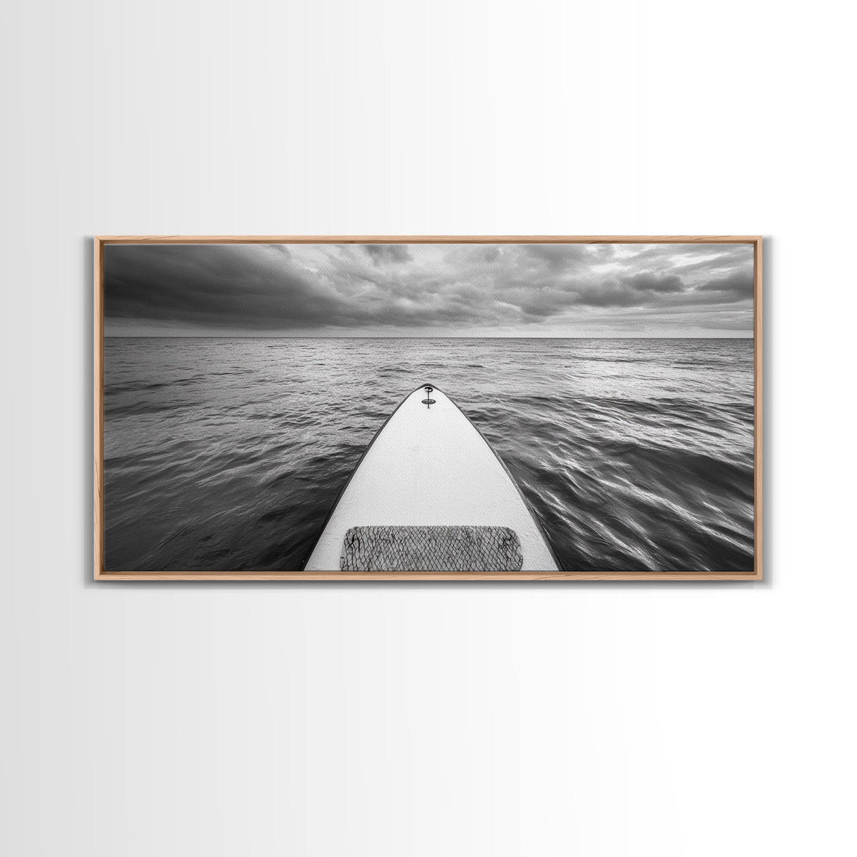 Ocean Horizon Board, Paddleboarding Adventure, Cloudy Sea Landscape, Framed Canvas Print, Modern Coastal Office or Living Room Art