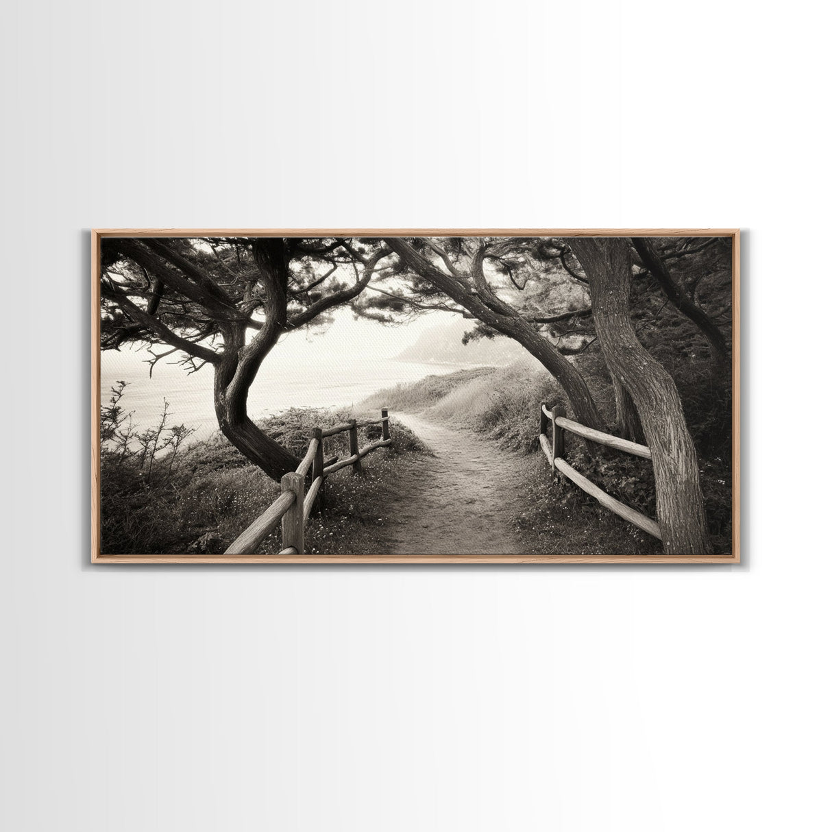 Ocean Cliff Path, Framed Trail Trees, Coastal Escape Scene, Framed Canvas Print, Boho Bedroom or Peaceful Hallway Wall Art, Entryway Accent