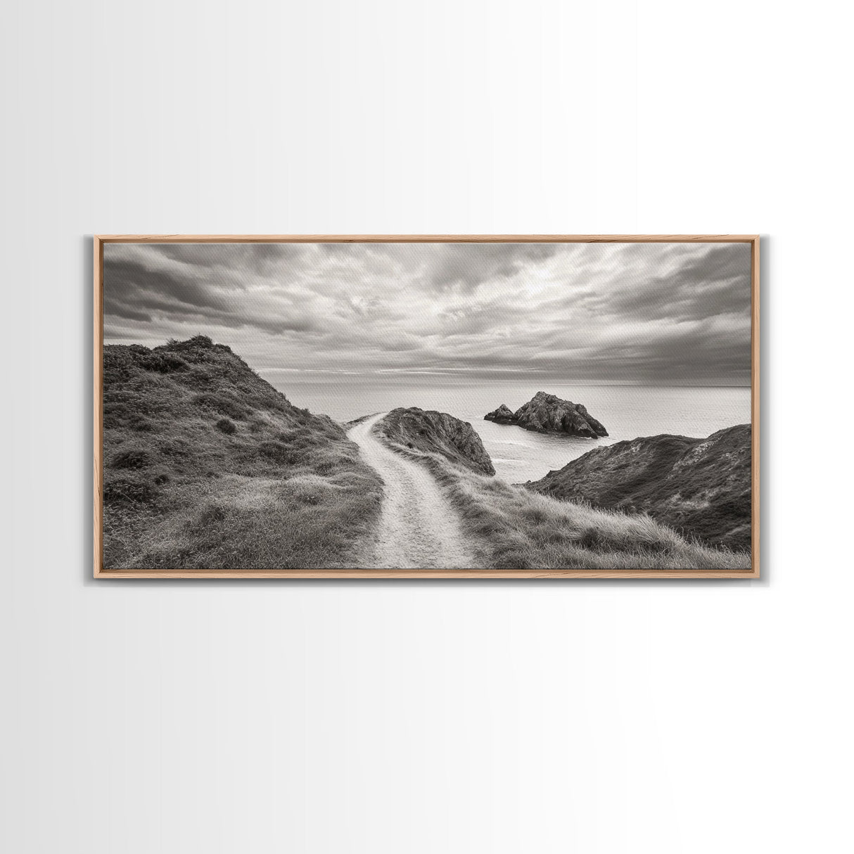 Coastal Cliff Path, Ocean View Trail, Windswept Grass Art, Seaside Wall Decor, Framed Canvas Print, Bedroom Art, Nature Lover Gift