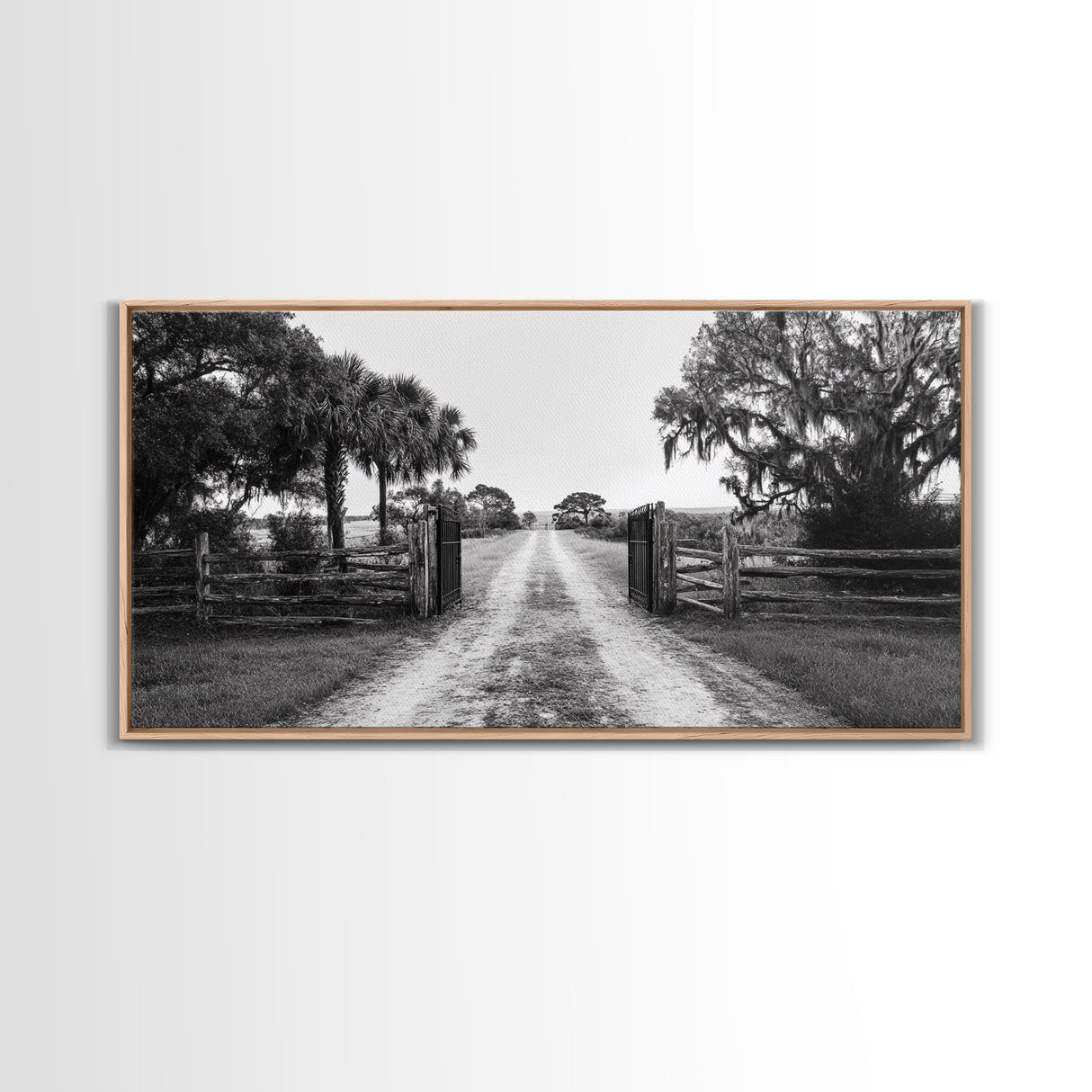 Rustic Gate Trail, Southern Country Road, Tree-Lined Entry, Framed Canvas Print, Farmhouse Style, Entryway or Office Wall Art