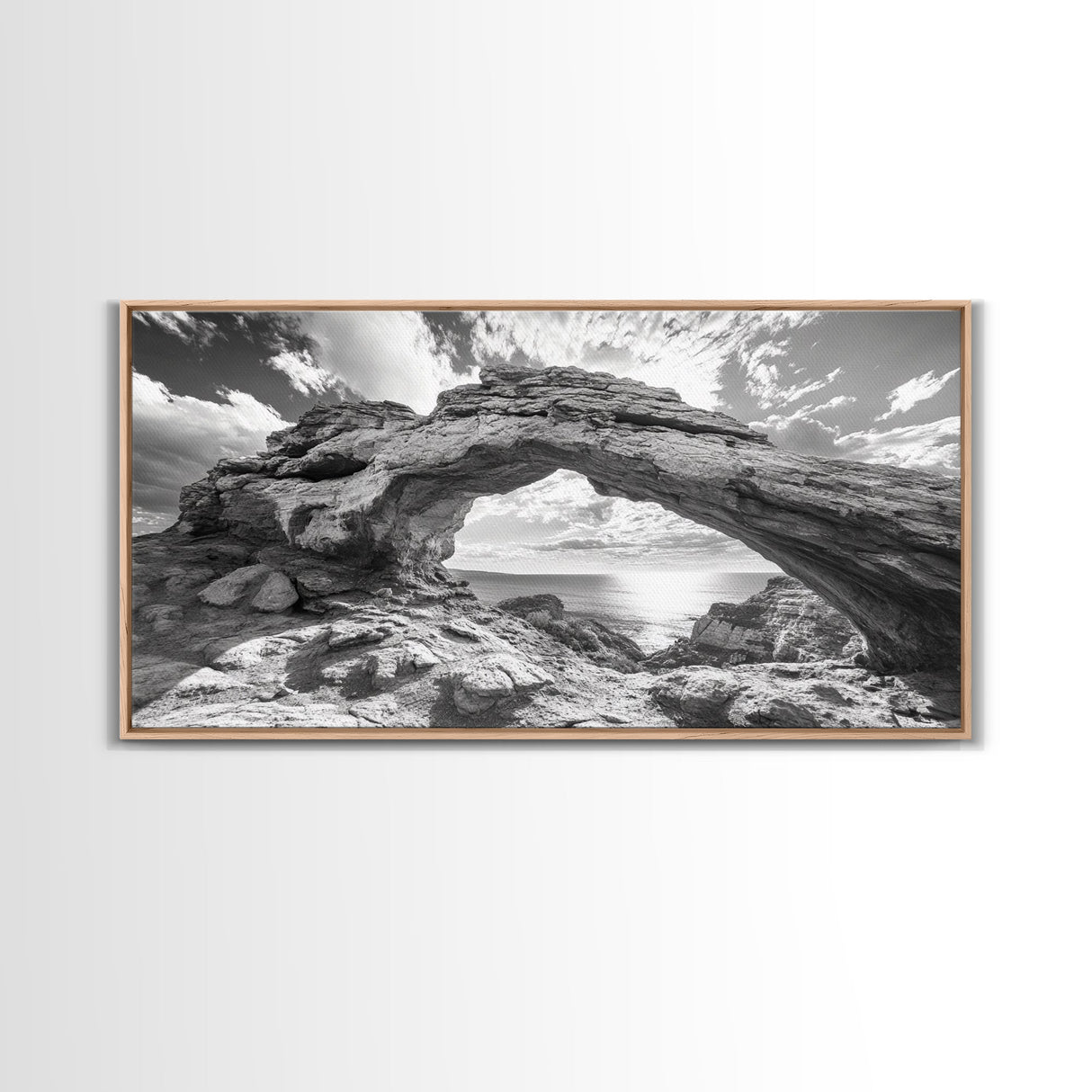 Natural Rock Arch, Seaside Cliff View, Desert Coastal Window, Framed Canvas Print, Boho Earth Tones, Living Room Wall Decor