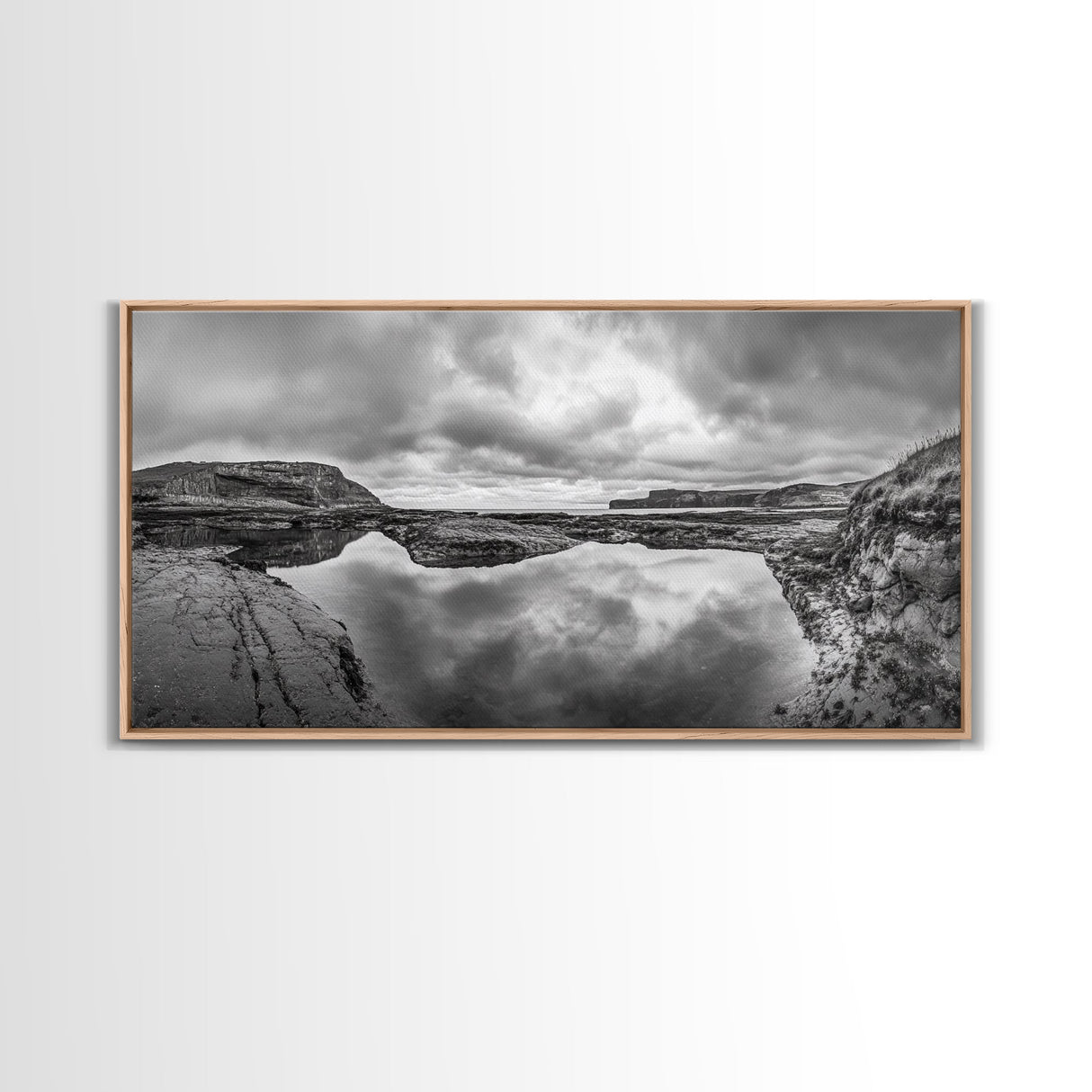 Reflected Cliffs, Stormy Sky, Coastal View, Dramatic Landscape, Canvas Print, minimalist art, office decor, moody black and white wall art