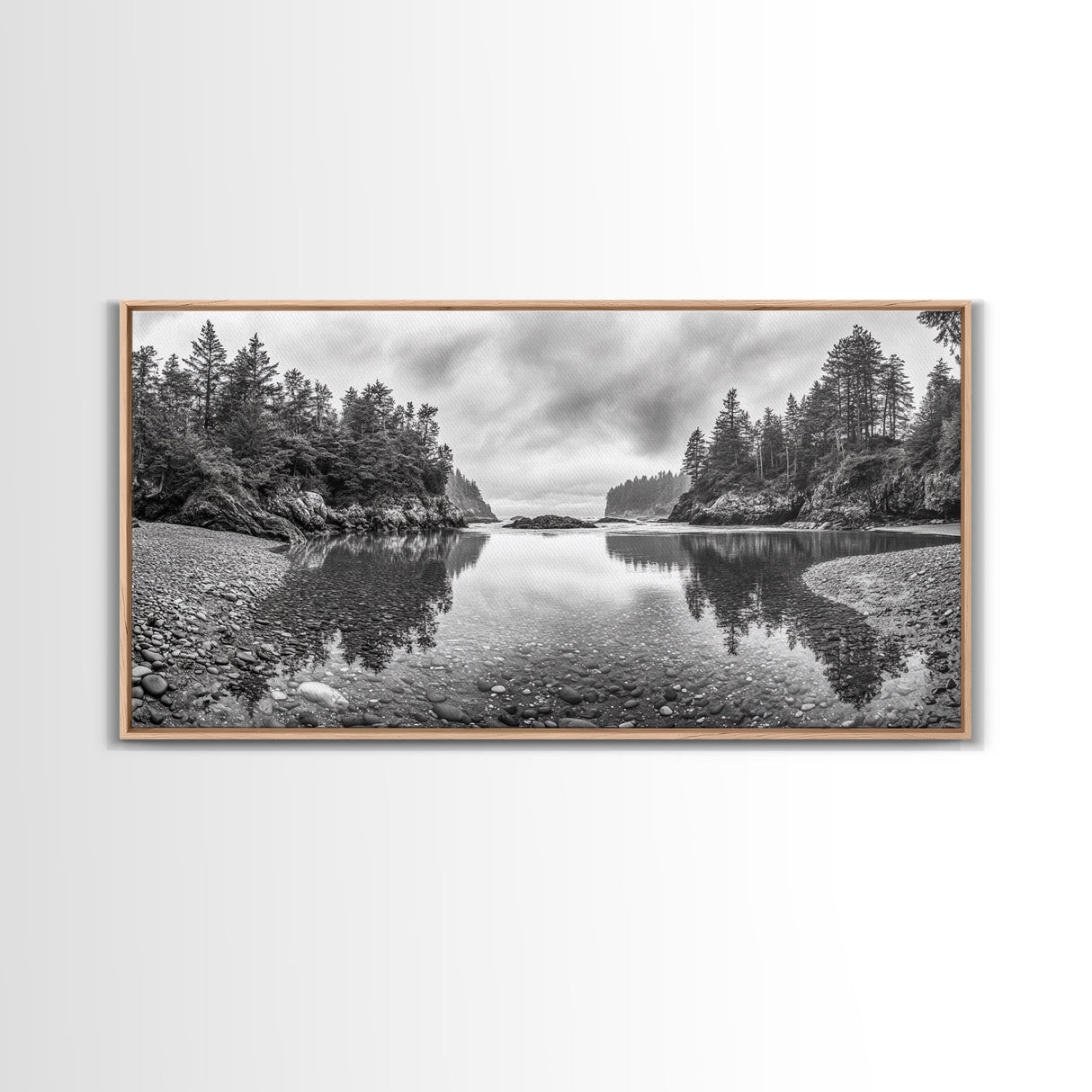 Forest Shoreline, Pebble Beach, Misty Inlet, Calm Waters, Canvas Print, natural modern art, neutral palette, living room wall decor
