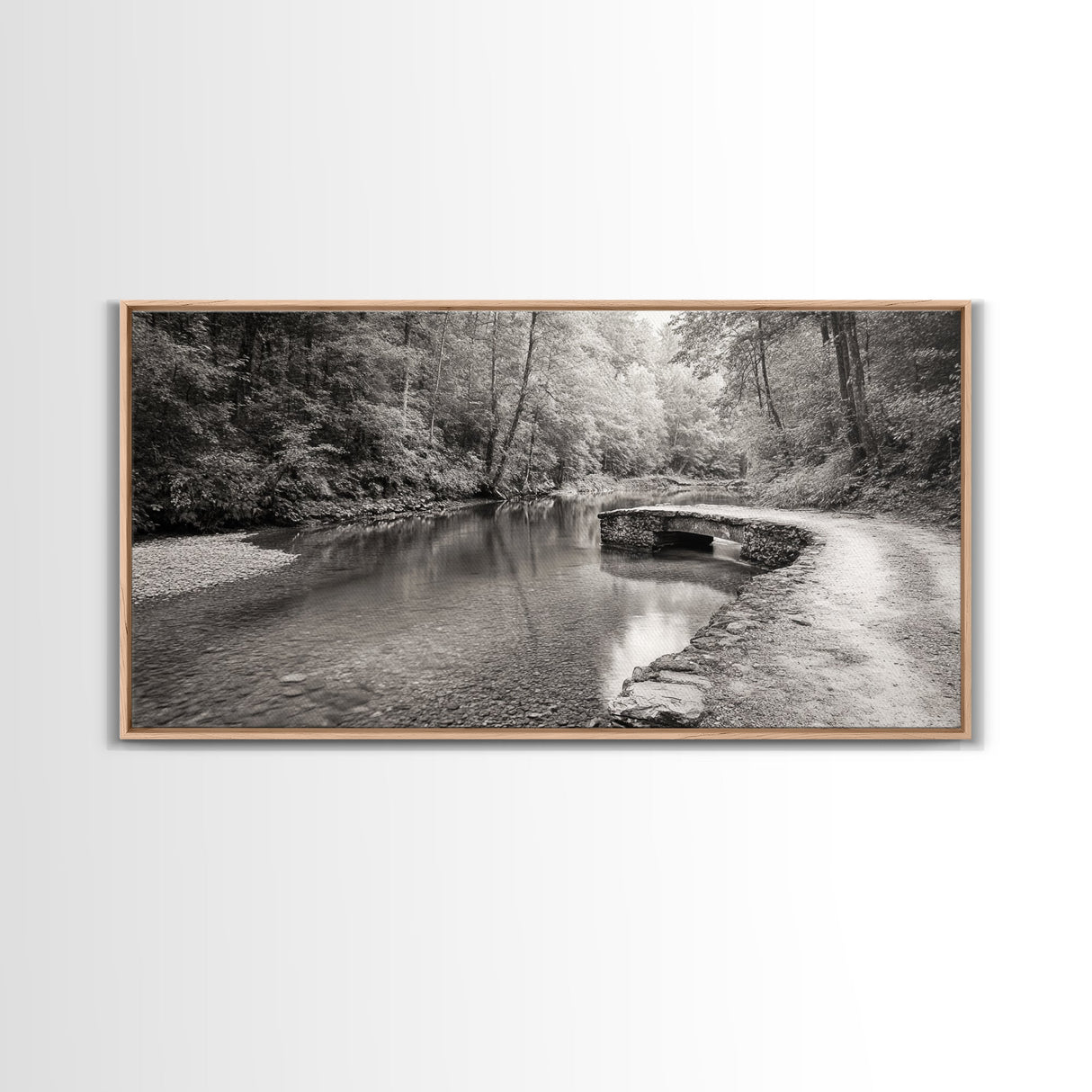 Stone Bridge, Forest Path, Quiet Creek, Peaceful Nature, Canvas Print, tranquil woodland art, Fall entryway piece, rustic landscape