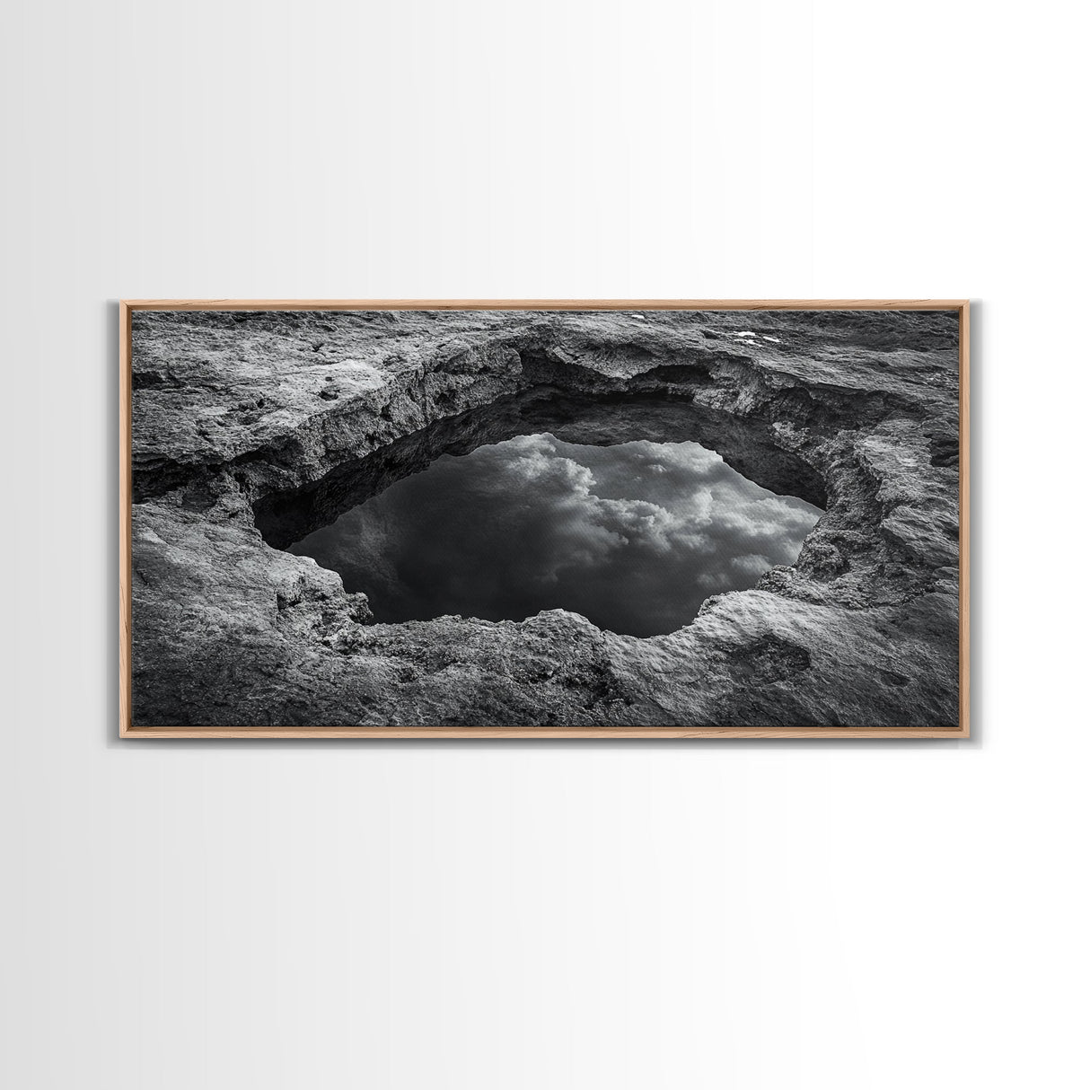 Sky Reflection, Stone Pool, Abstract Nature, Moody Minimalist Art, Framed Canvas Print, Bedroom Wall Art, Contemporary Monochrome Decor