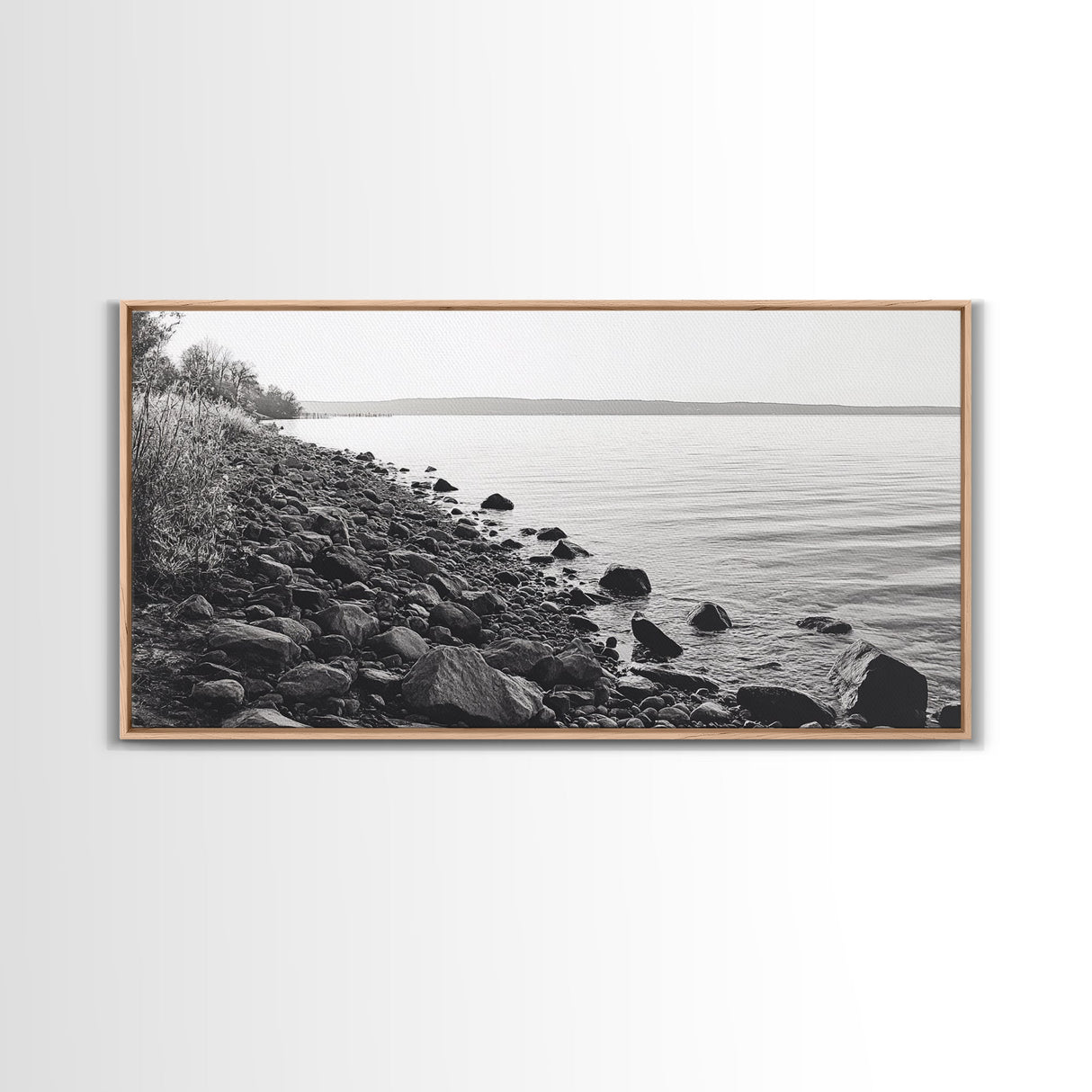 Shoreline Rocks, Quiet Water, Still Landscape, Coastal Photography, Canvas Print, Minimalist Office Art, Calm Nature Scene